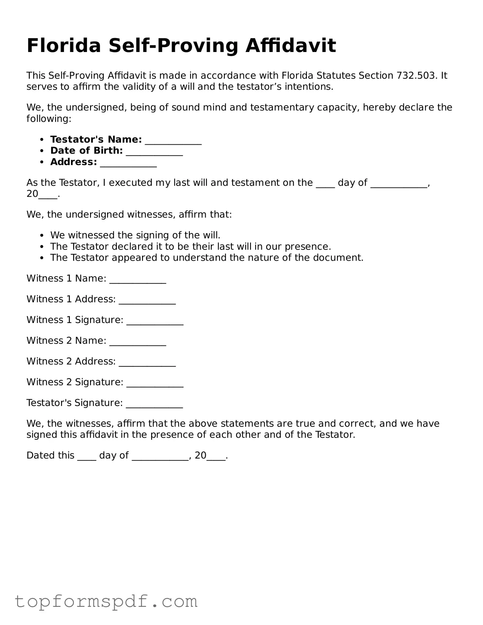 Blank Florida Self-Proving Affidavit Template