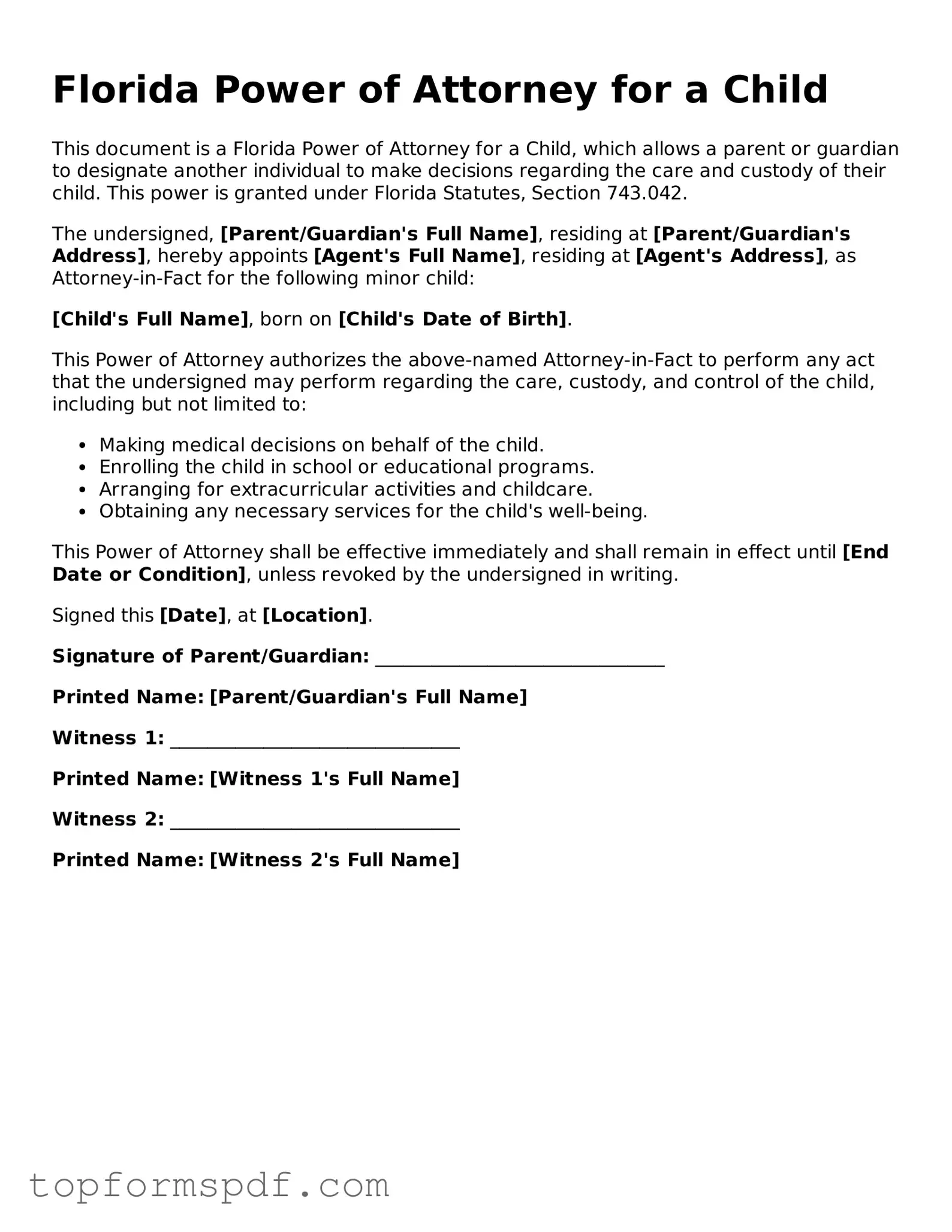 Blank Florida Power of Attorney for a Child Template