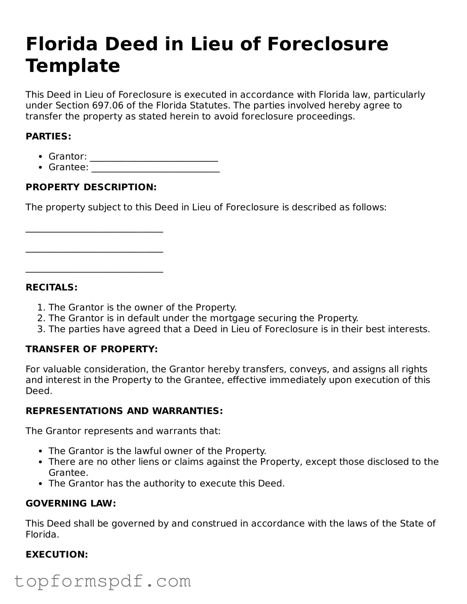 Blank Florida Deed in Lieu of Foreclosure Template