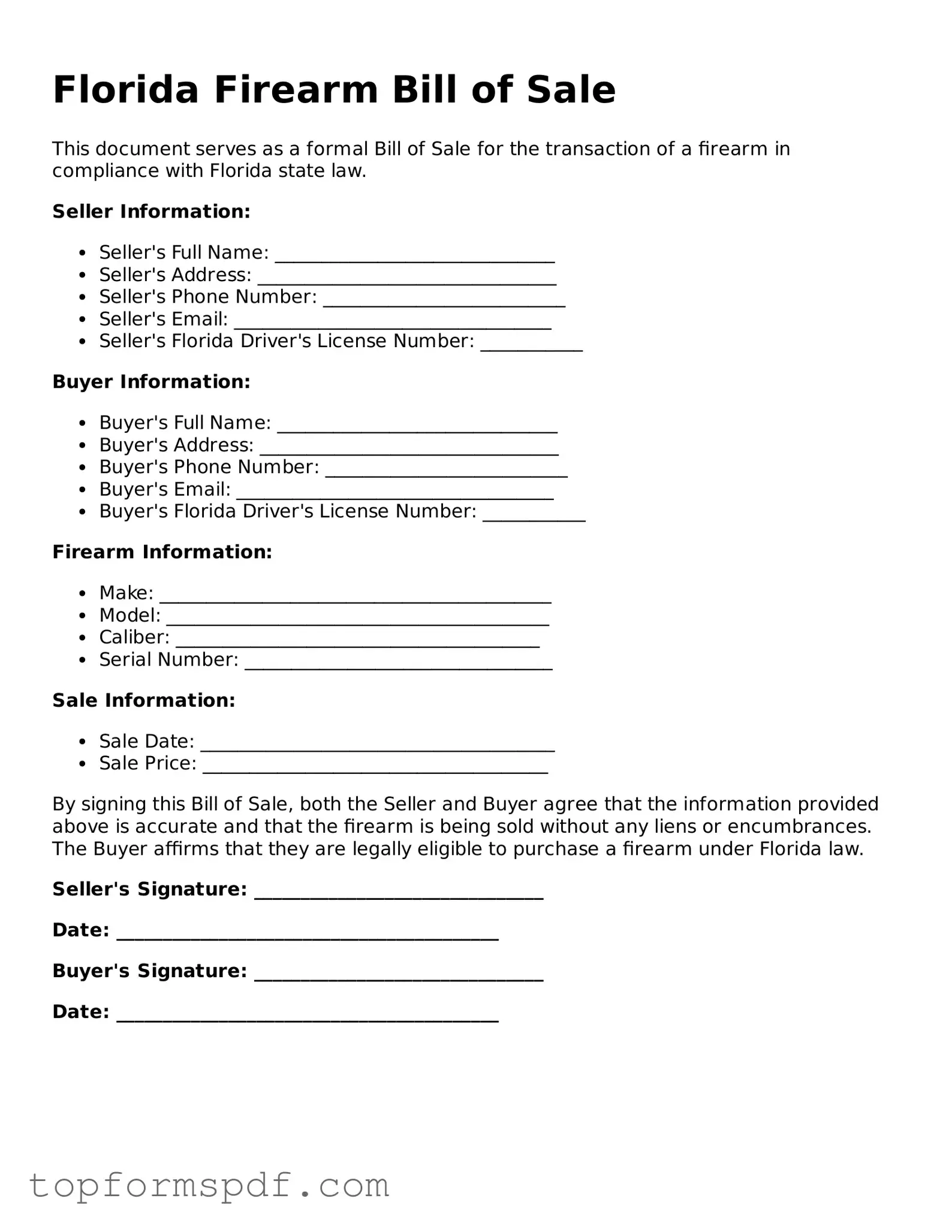 Blank Florida Firearm Bill of Sale Template