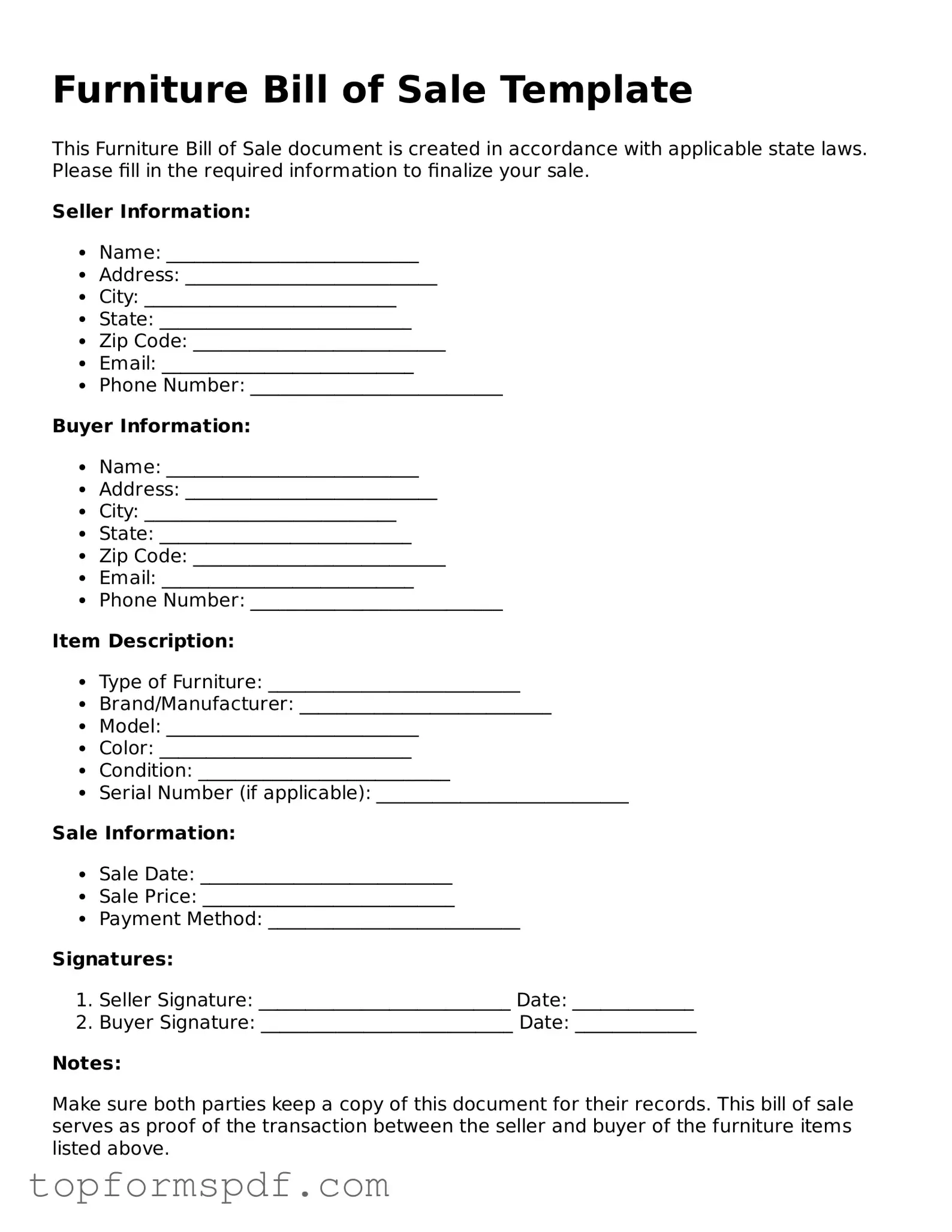 Legal Furniture Bill of Sale Form