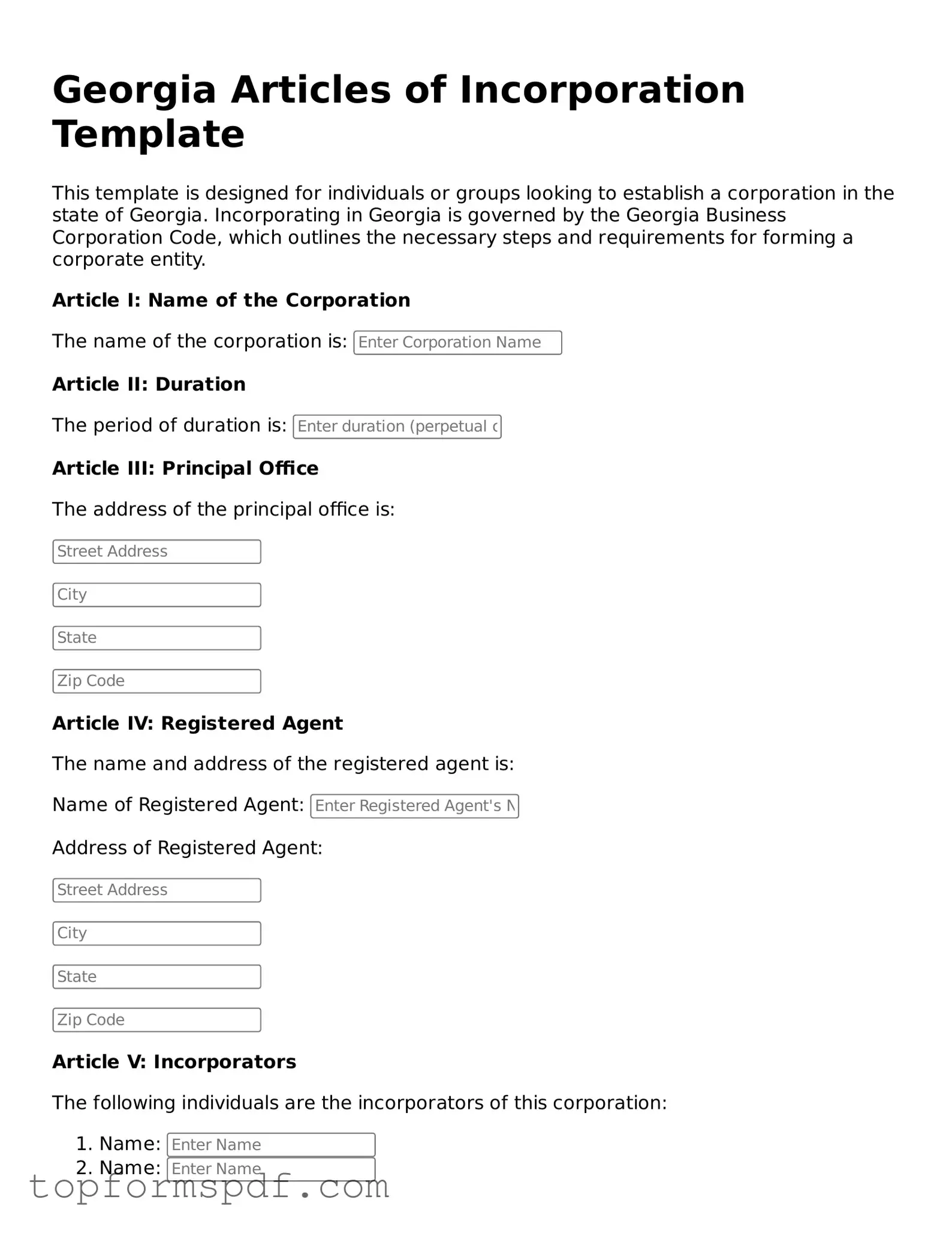 Blank Georgia Articles of Incorporation Template
