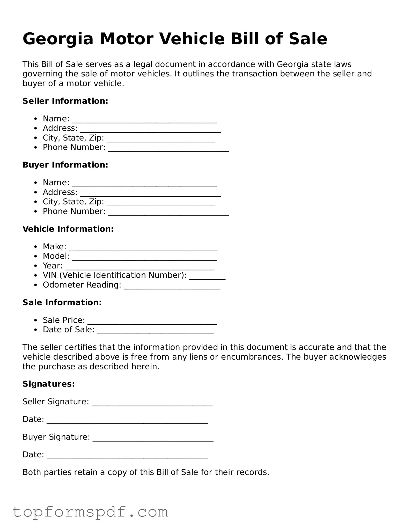Blank Georgia Motor Vehicle Bill of Sale Template