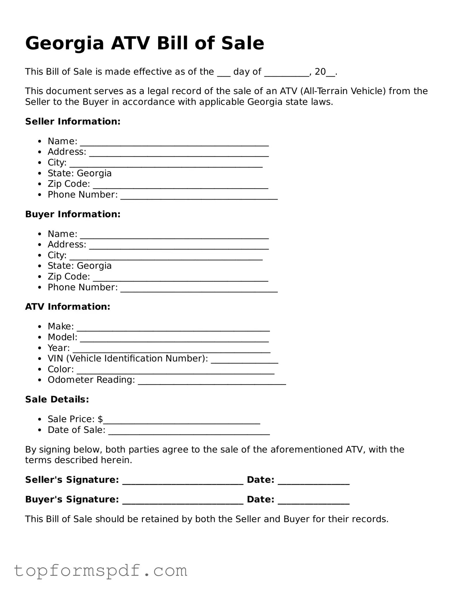 Blank Georgia ATV Bill of Sale Template