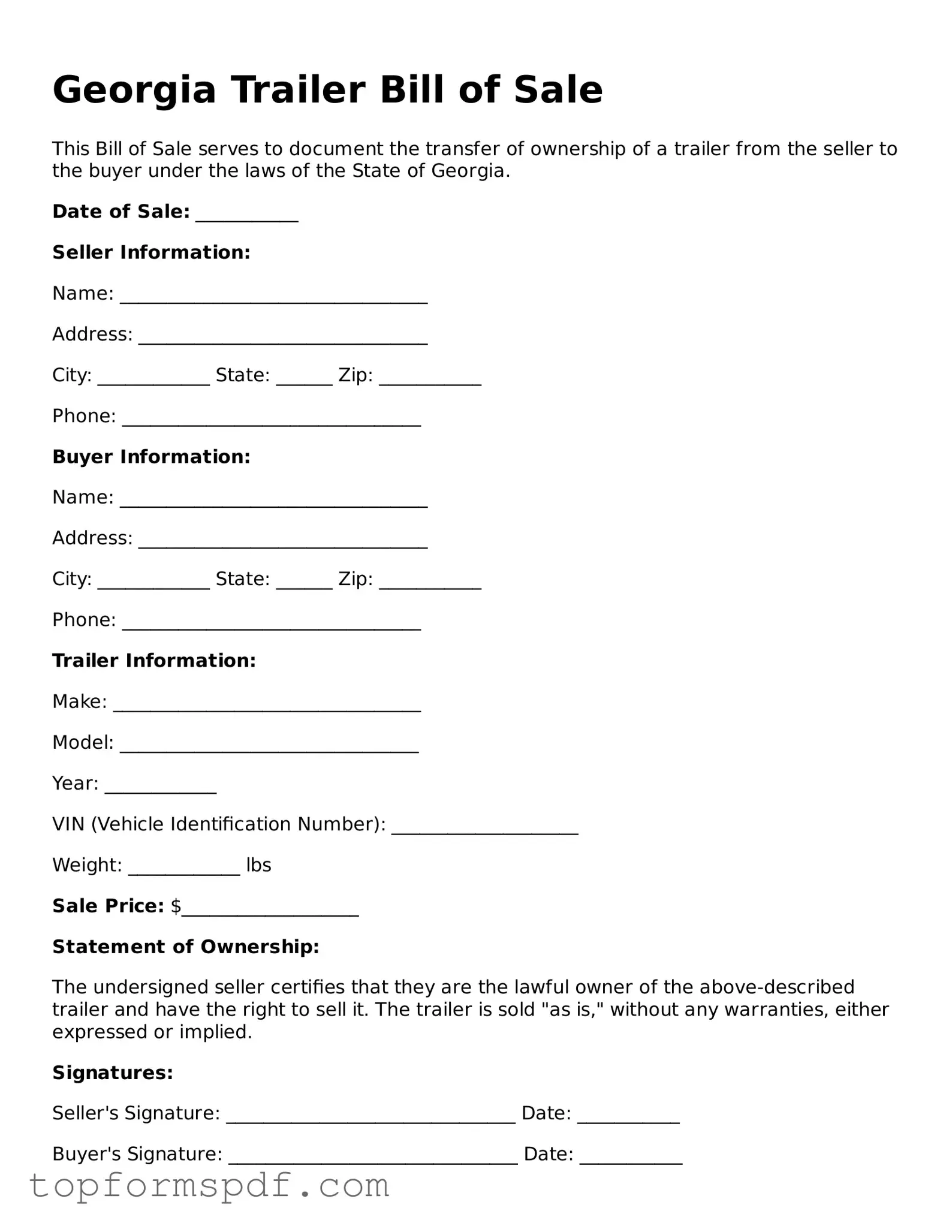 Blank Georgia Trailer Bill of Sale Template