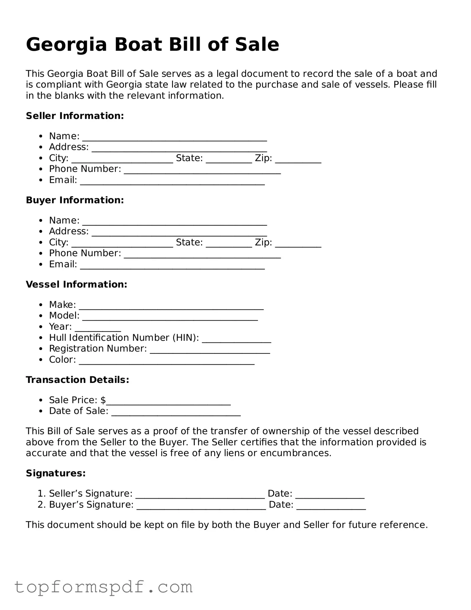 Blank Georgia Boat Bill of Sale Template