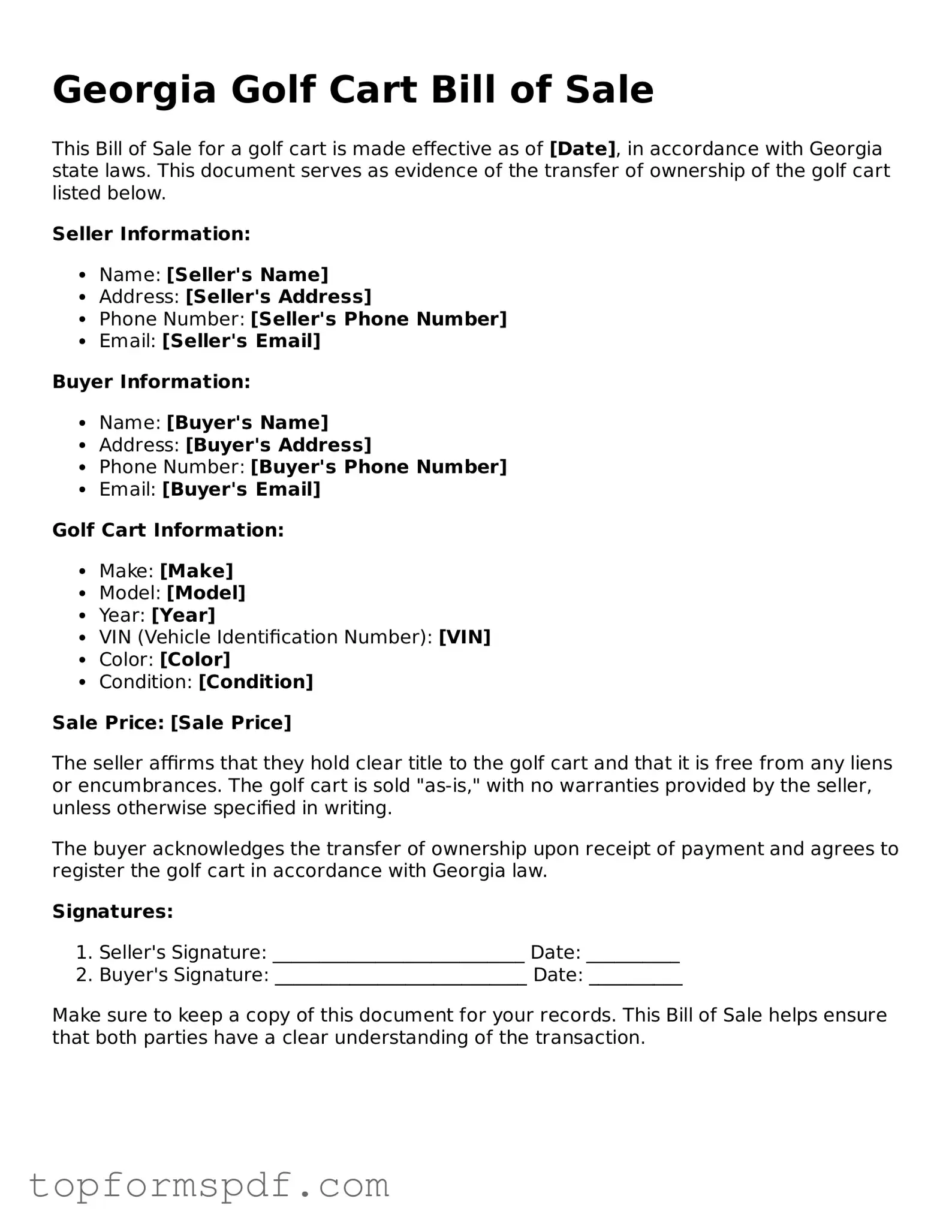 Blank Georgia Golf Cart Bill of Sale Template