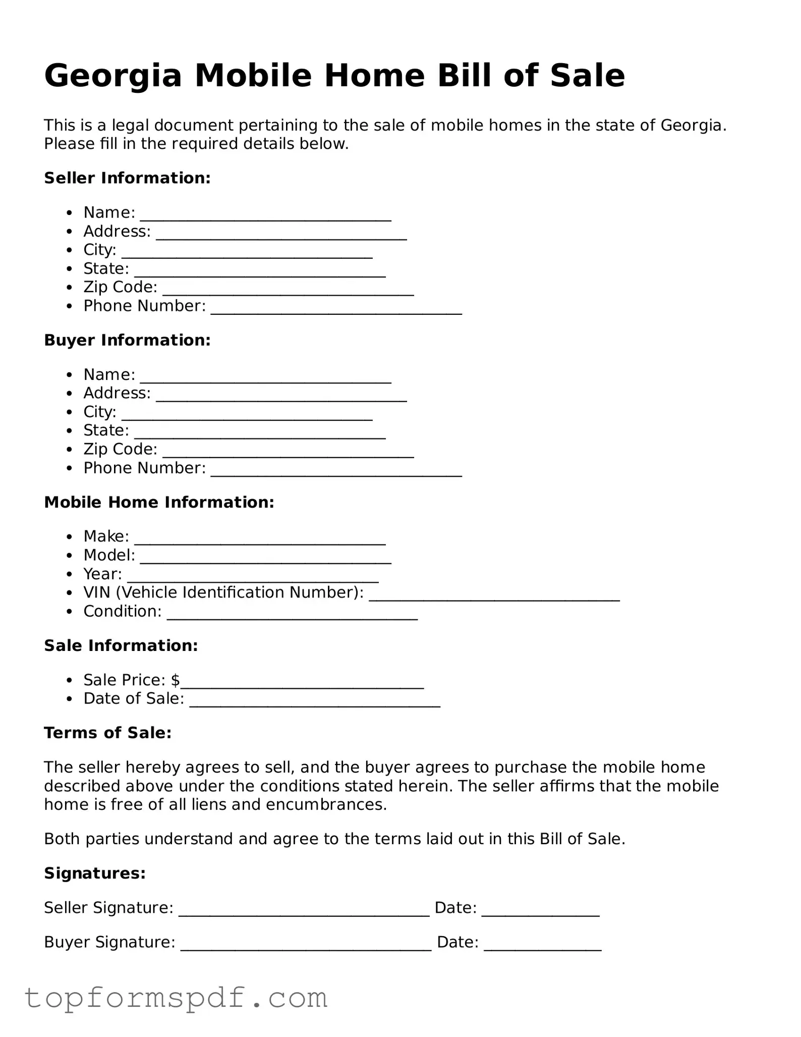 Blank Georgia Mobile Home Bill of Sale Template