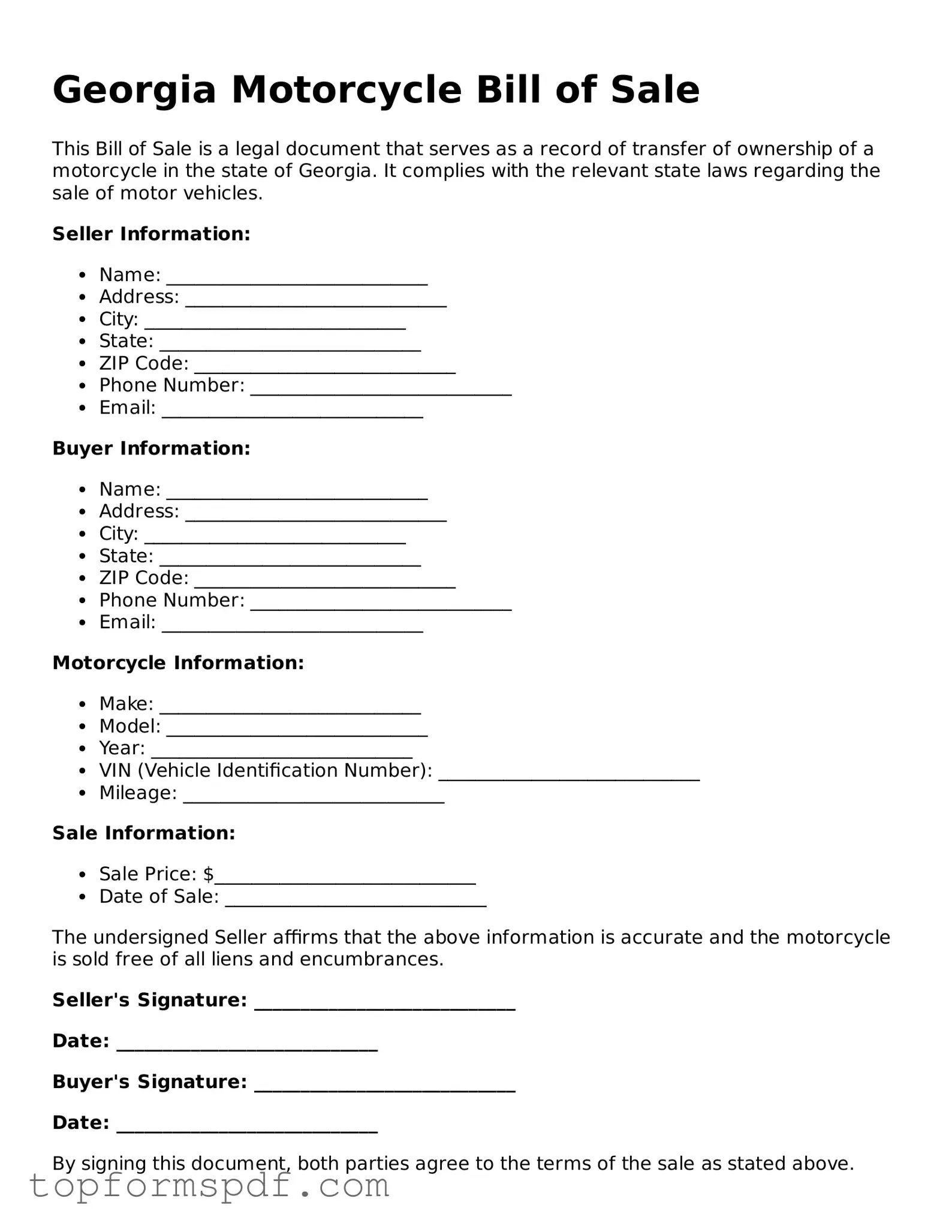Blank Georgia Motorcycle Bill of Sale Template