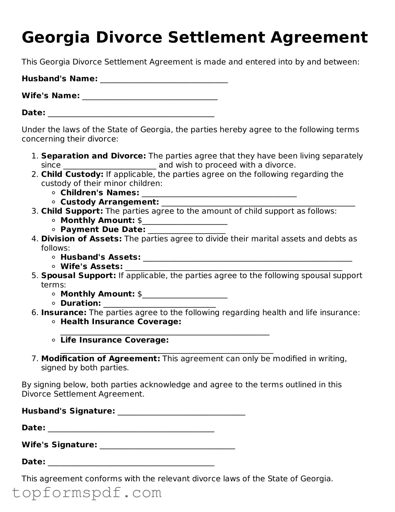 Blank Georgia Divorce Settlement Agreement Template