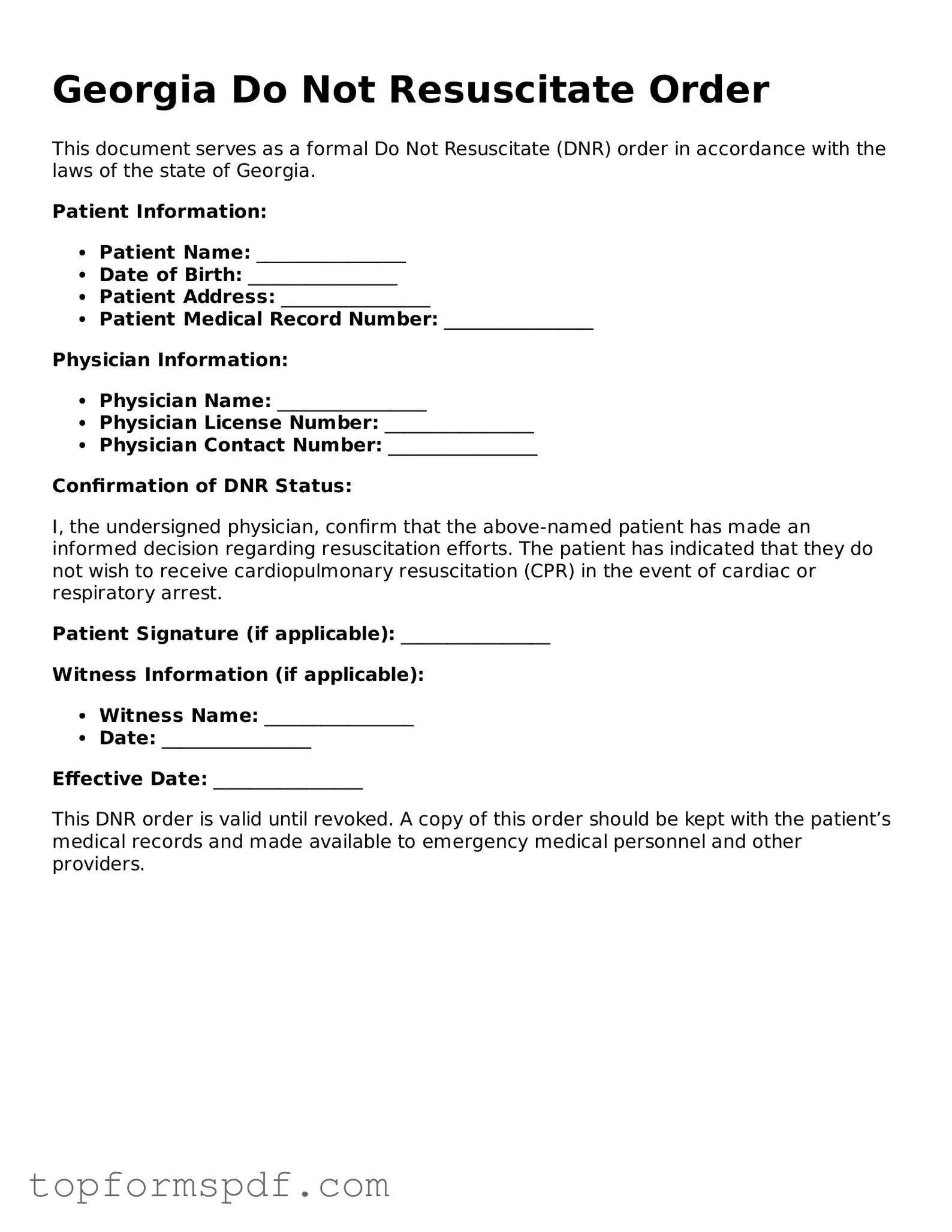 Blank Georgia Do Not Resuscitate Order Template