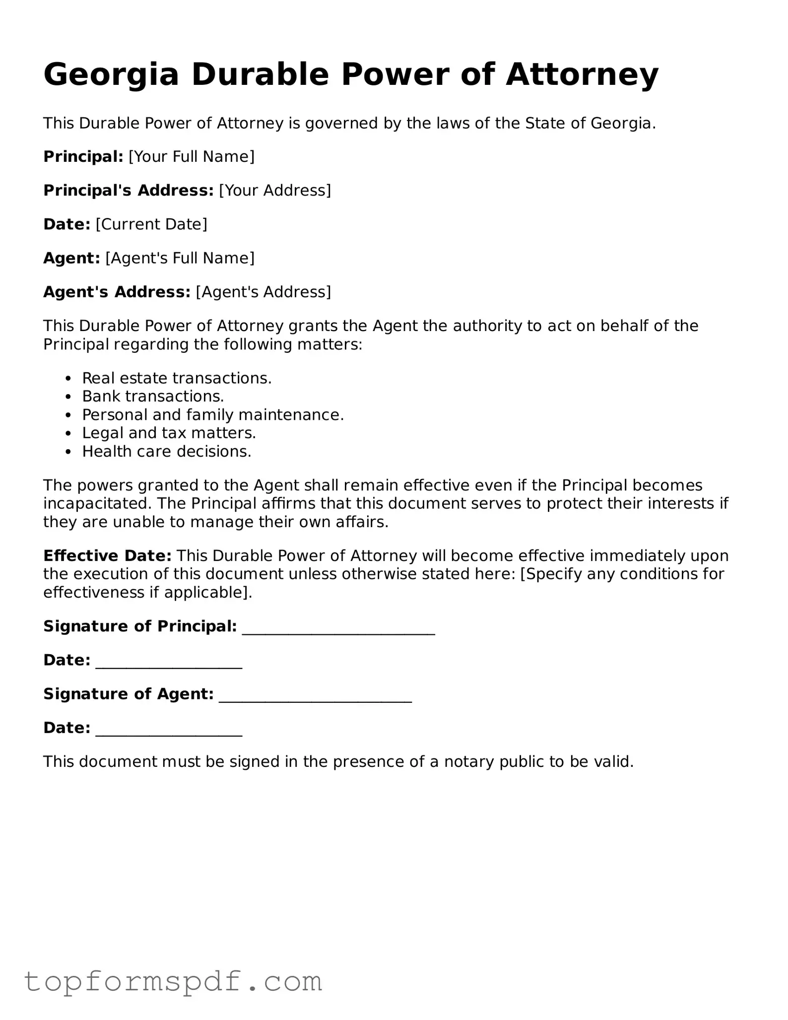 Blank Georgia Durable Power of Attorney Template