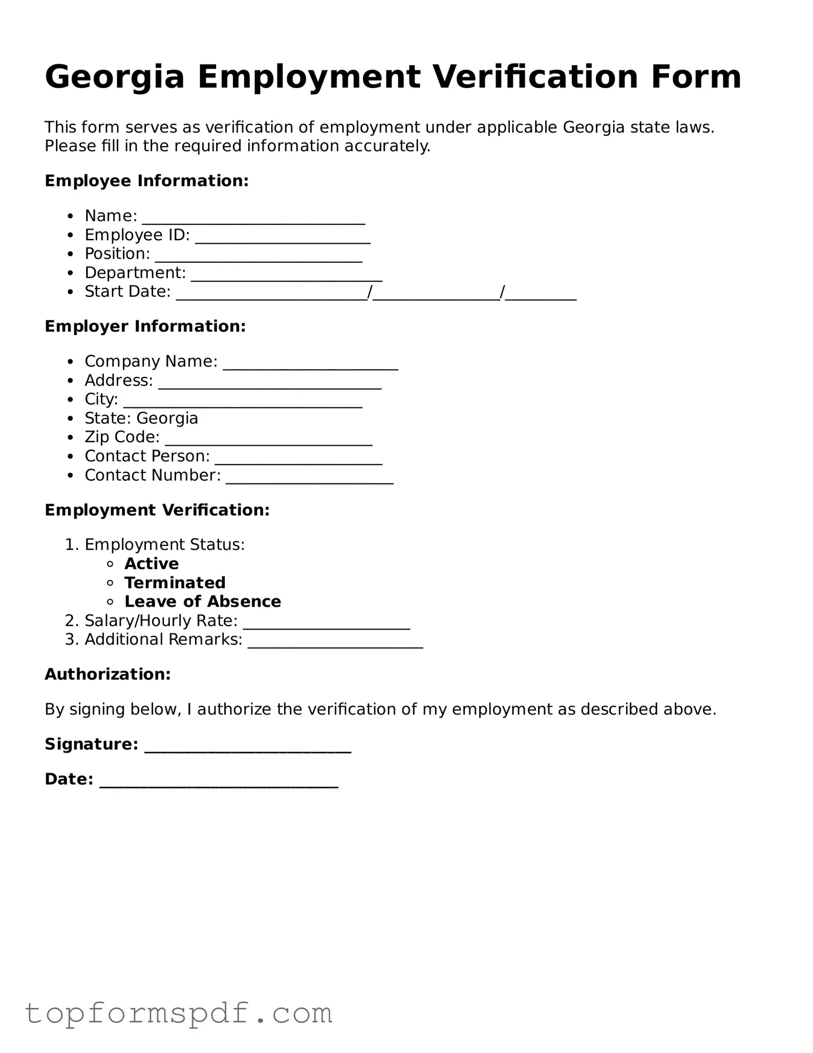 Blank Georgia Employment Verification Template