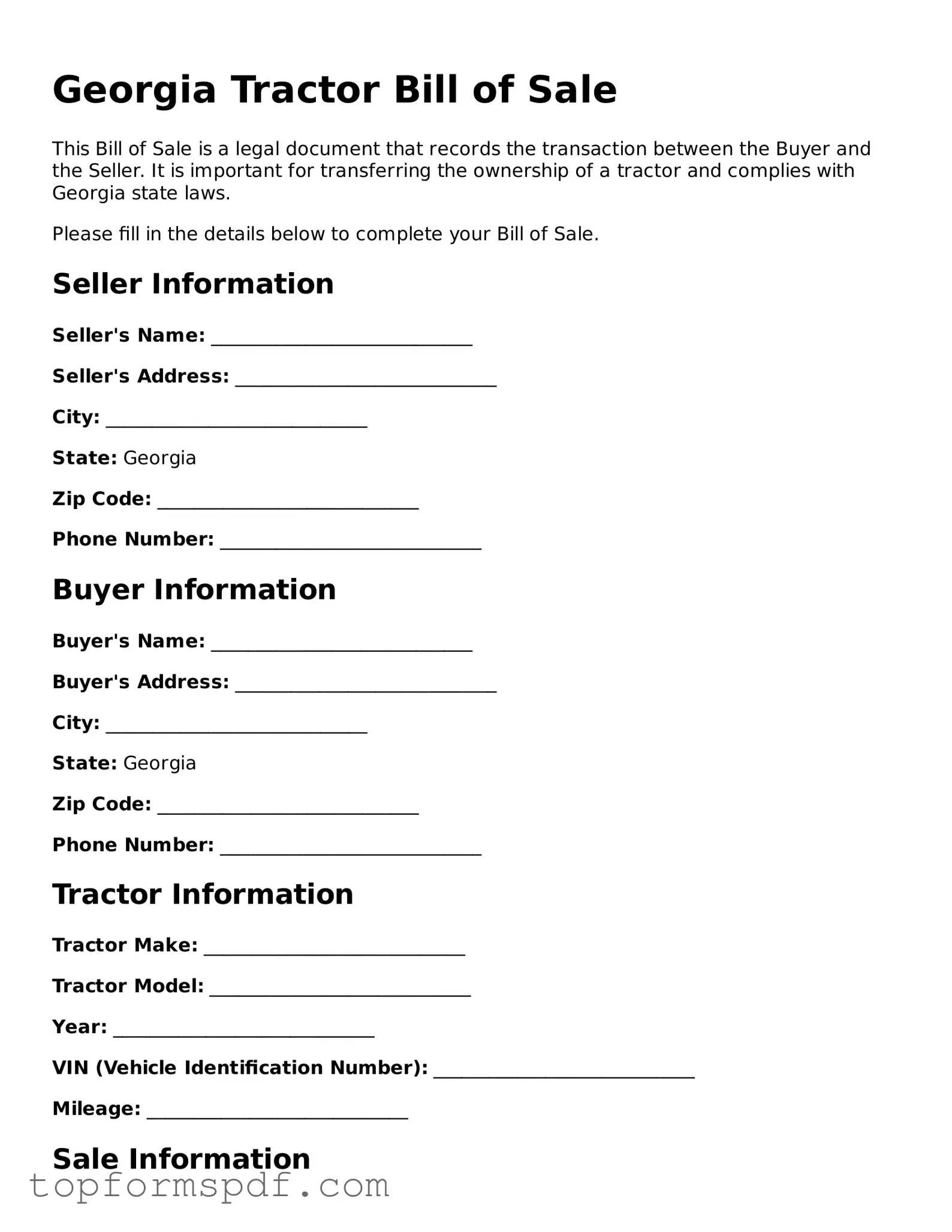 Blank Georgia Tractor Bill of Sale Template