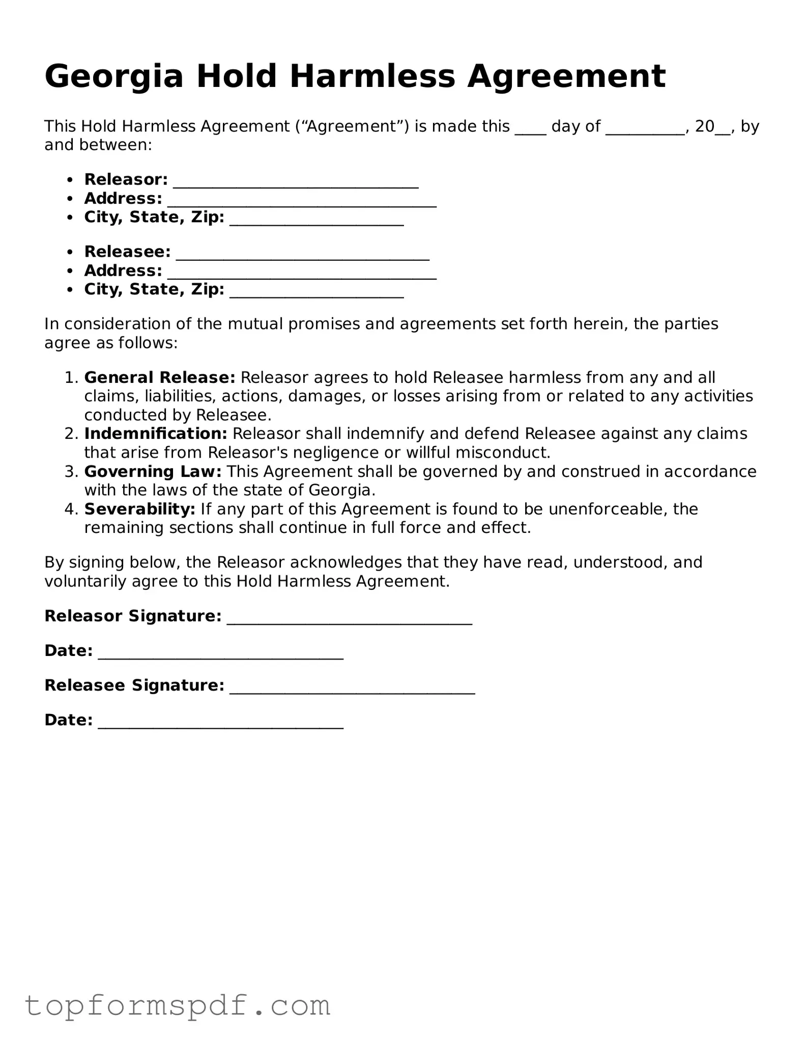 Blank Georgia Hold Harmless Agreement Template