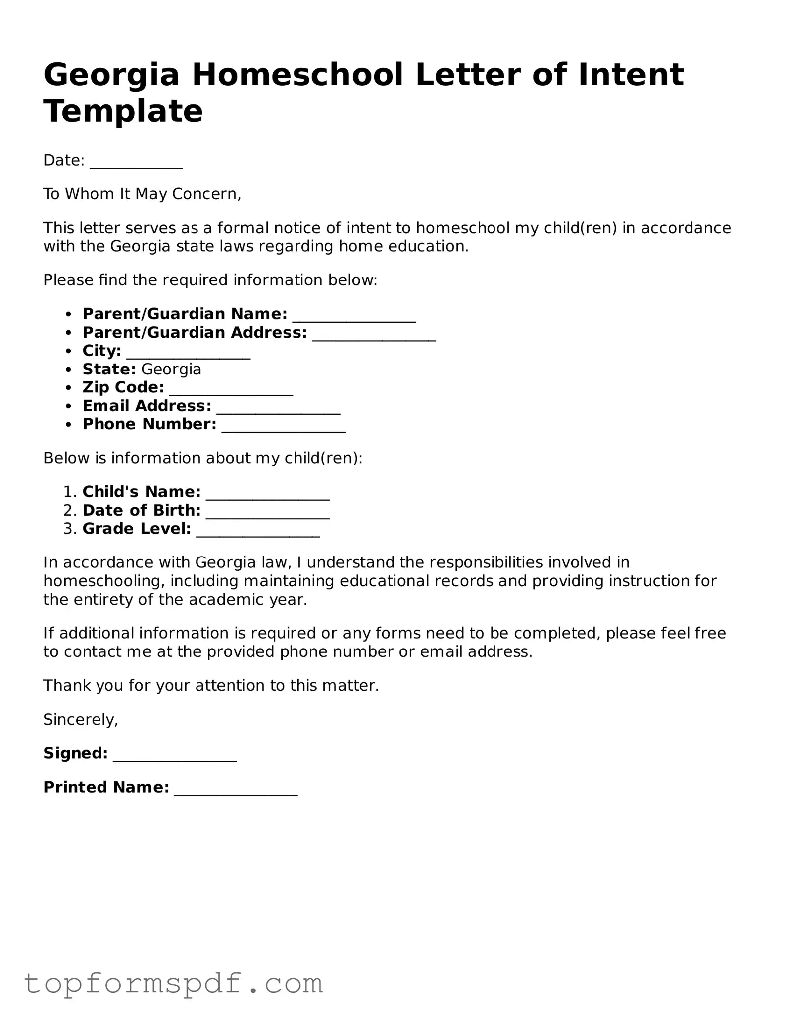 Blank Georgia Homeschool Letter of Intent Template