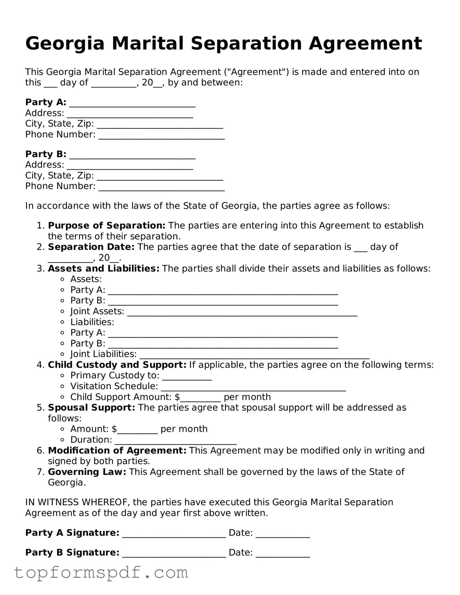 Blank Georgia Marital Separation Agreement Template