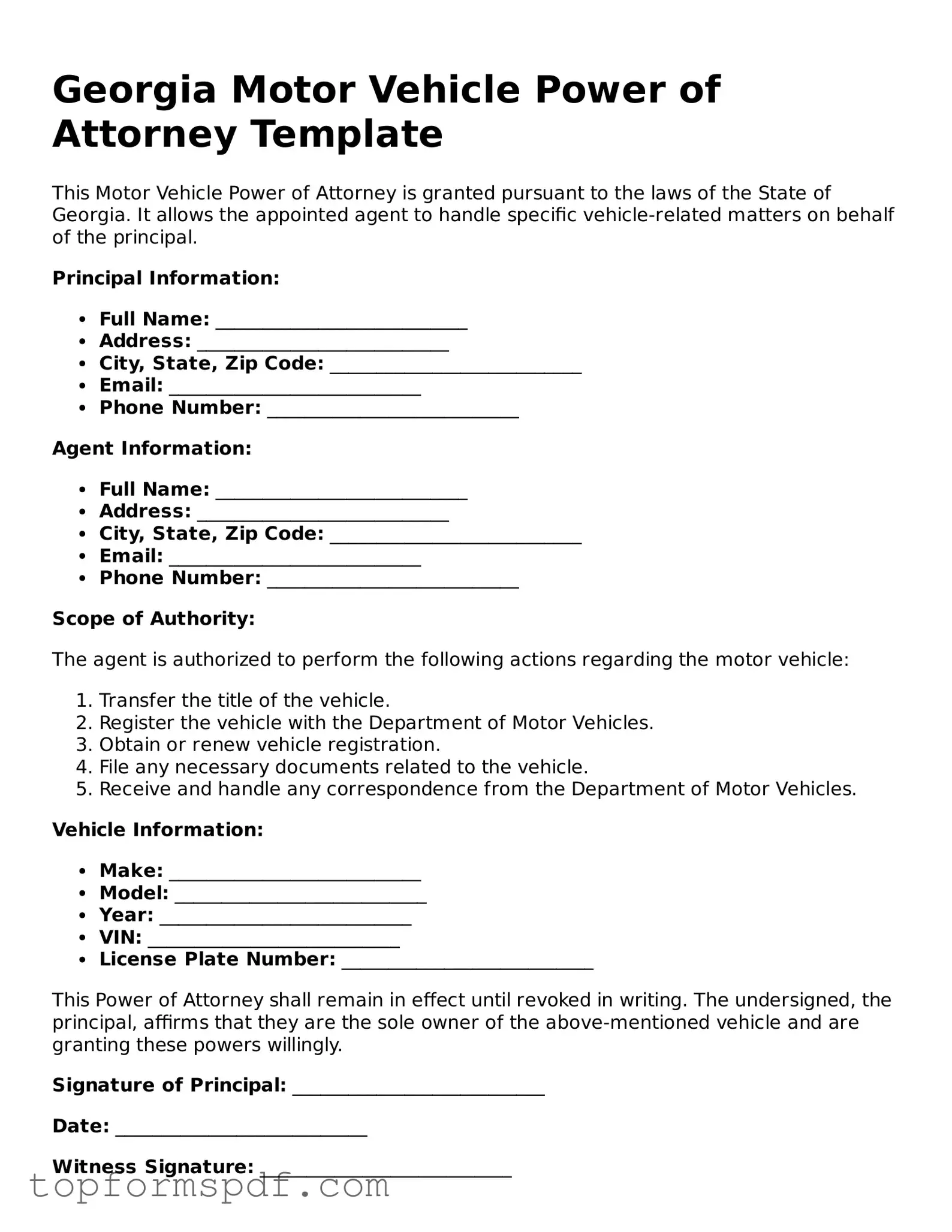 Blank Georgia Motor Vehicle Power of Attorney Template