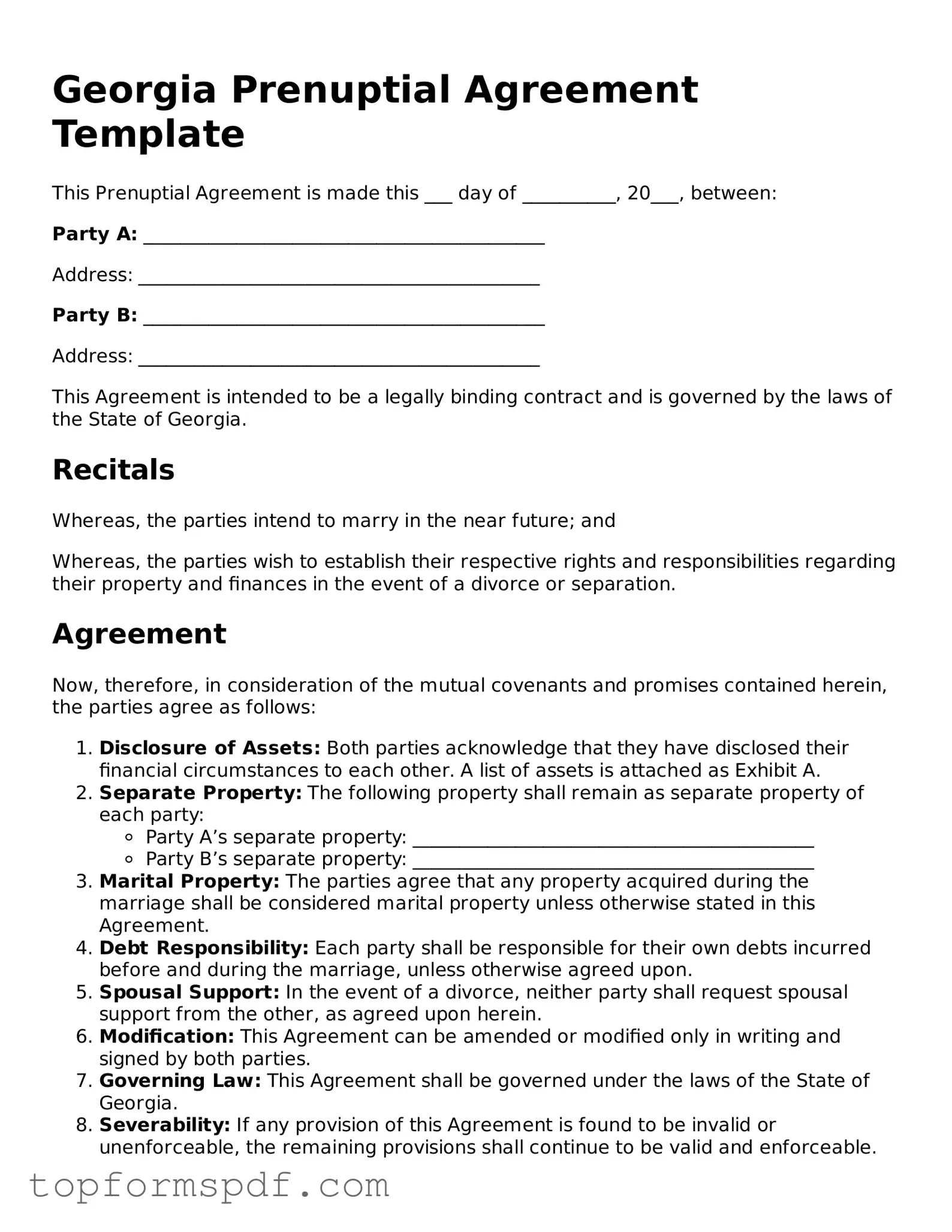 Blank Georgia Prenuptial Agreement Template