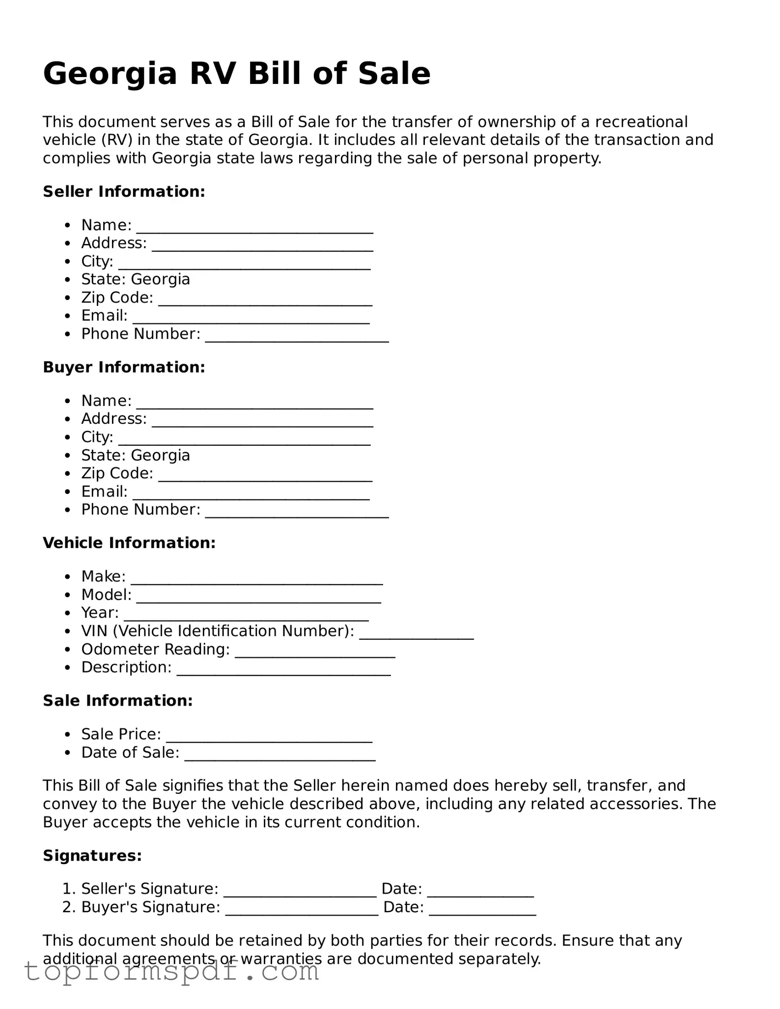 Blank Georgia RV Bill of Sale Template