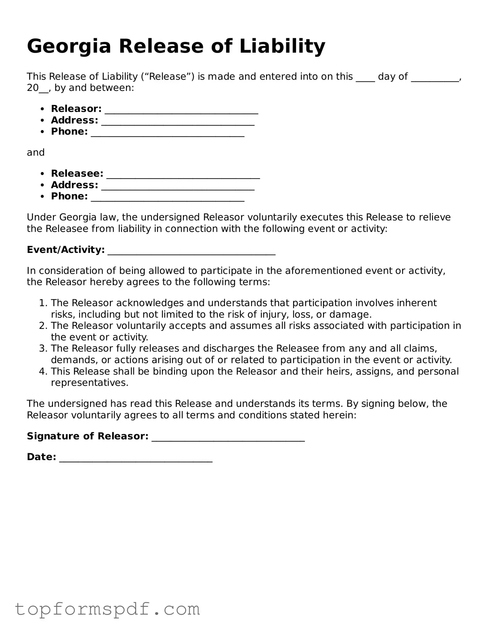 Blank Georgia Release of Liability Template