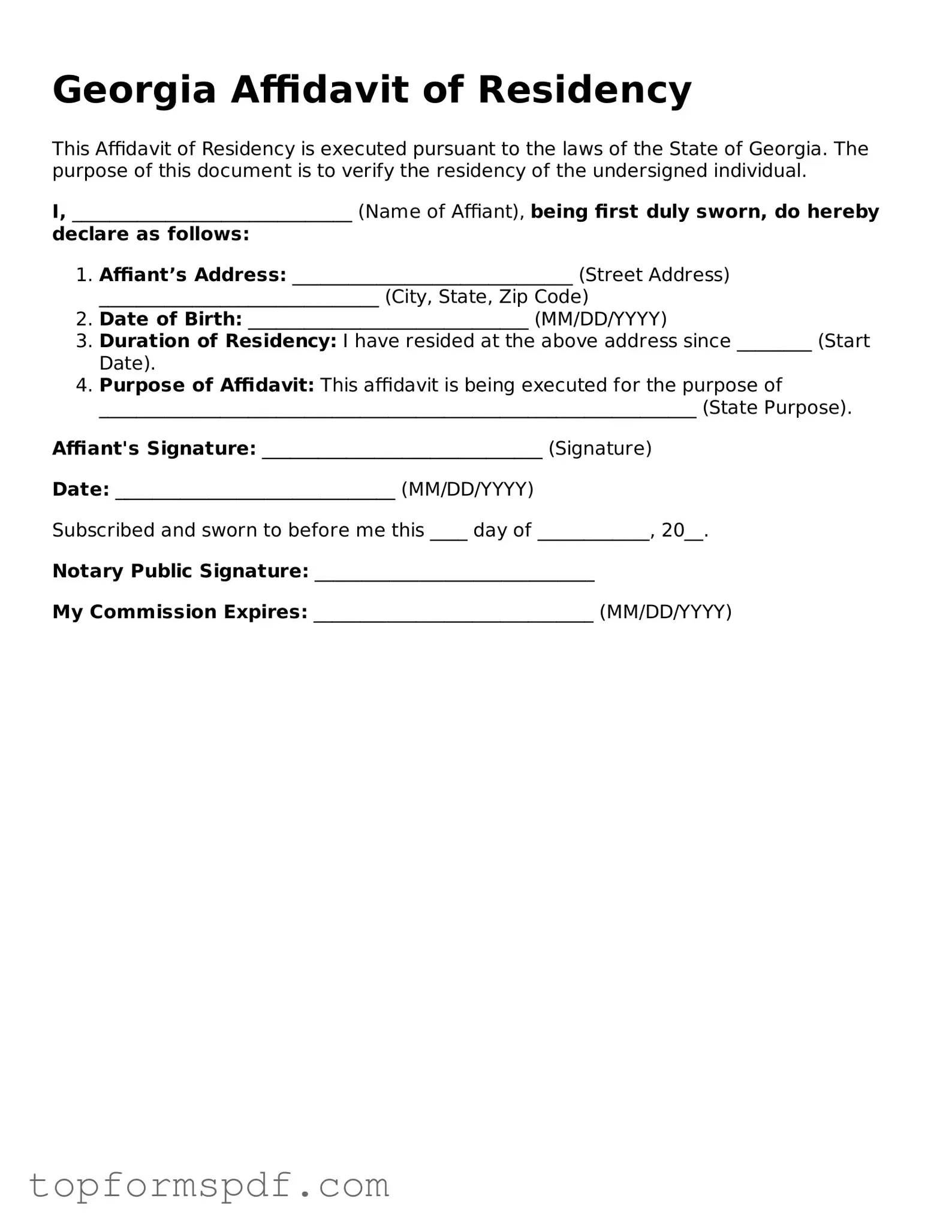 Blank Georgia Affidavit of Residency Template