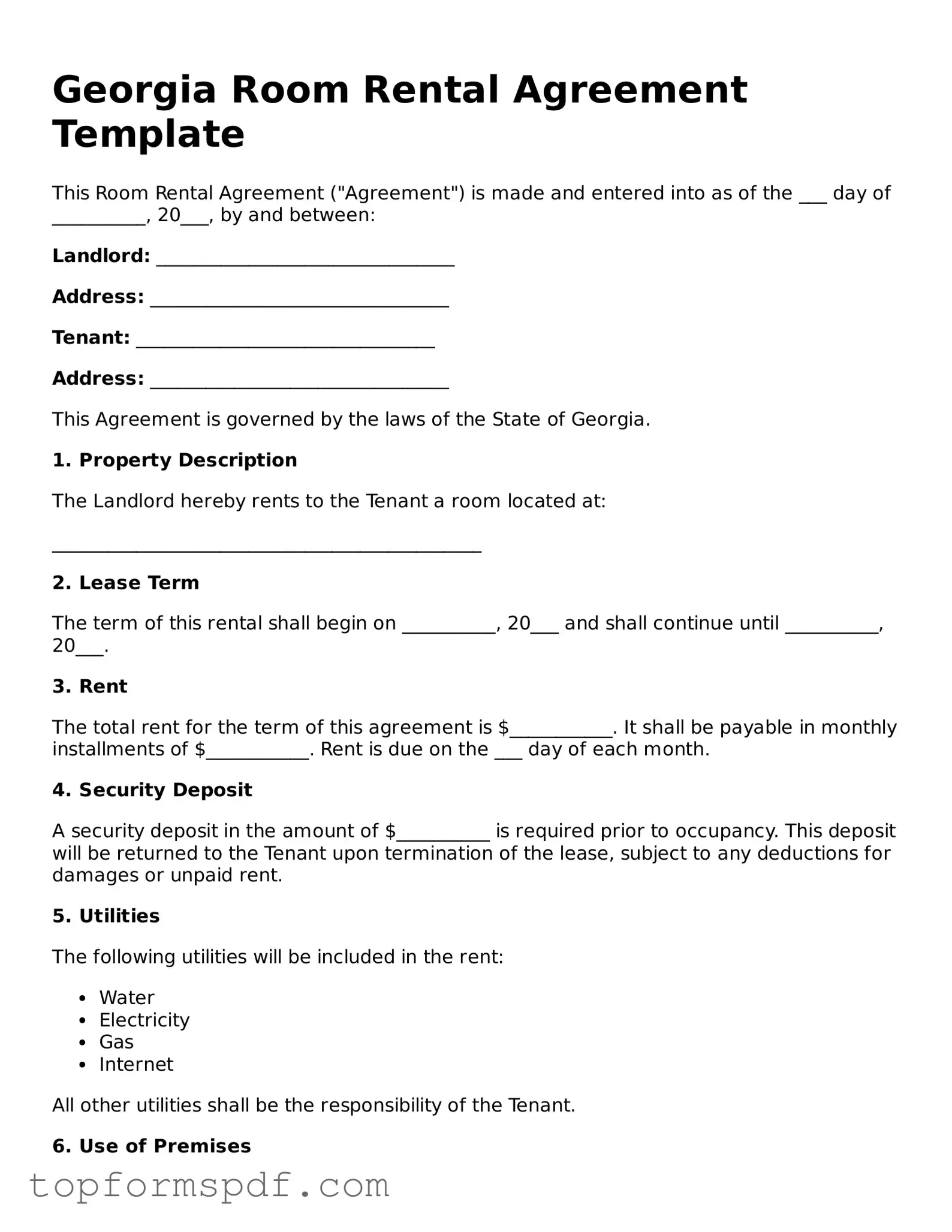 Blank Georgia Room Rental Agreement Template