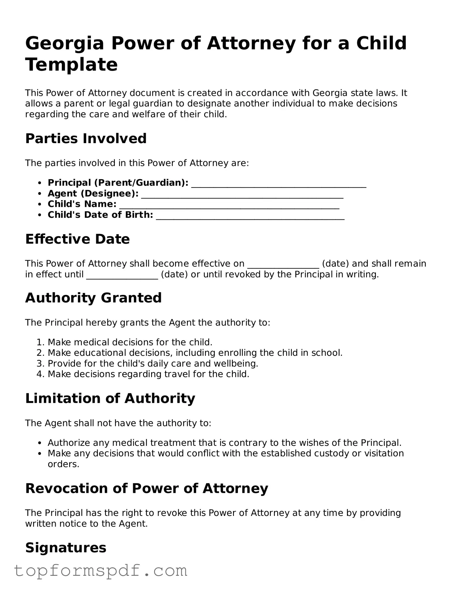 Blank Georgia Power of Attorney for a Child Template