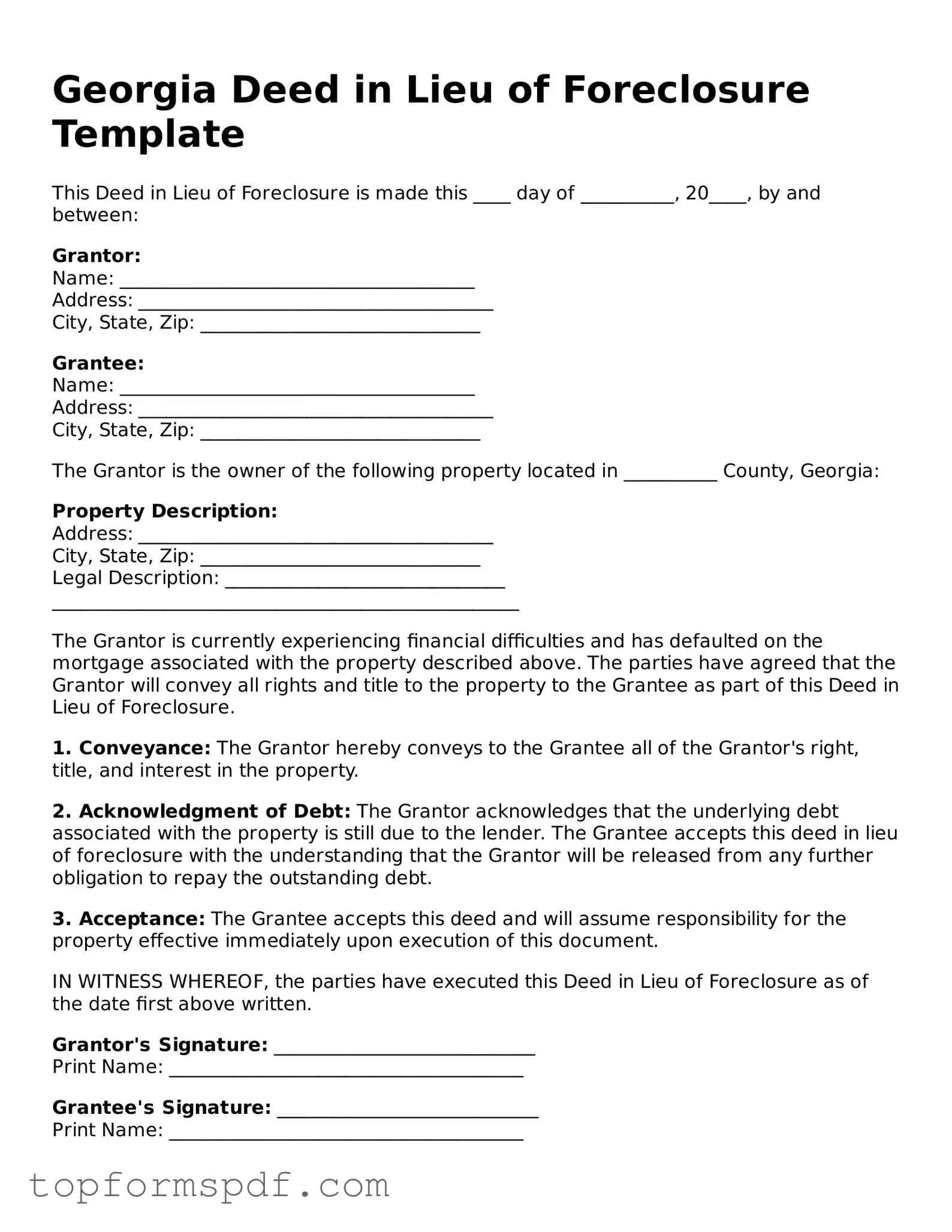 Blank Georgia Deed in Lieu of Foreclosure Template