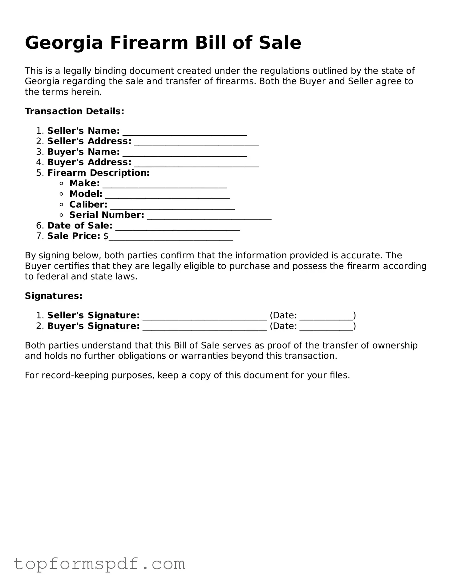 Blank Georgia Firearm Bill of Sale Template