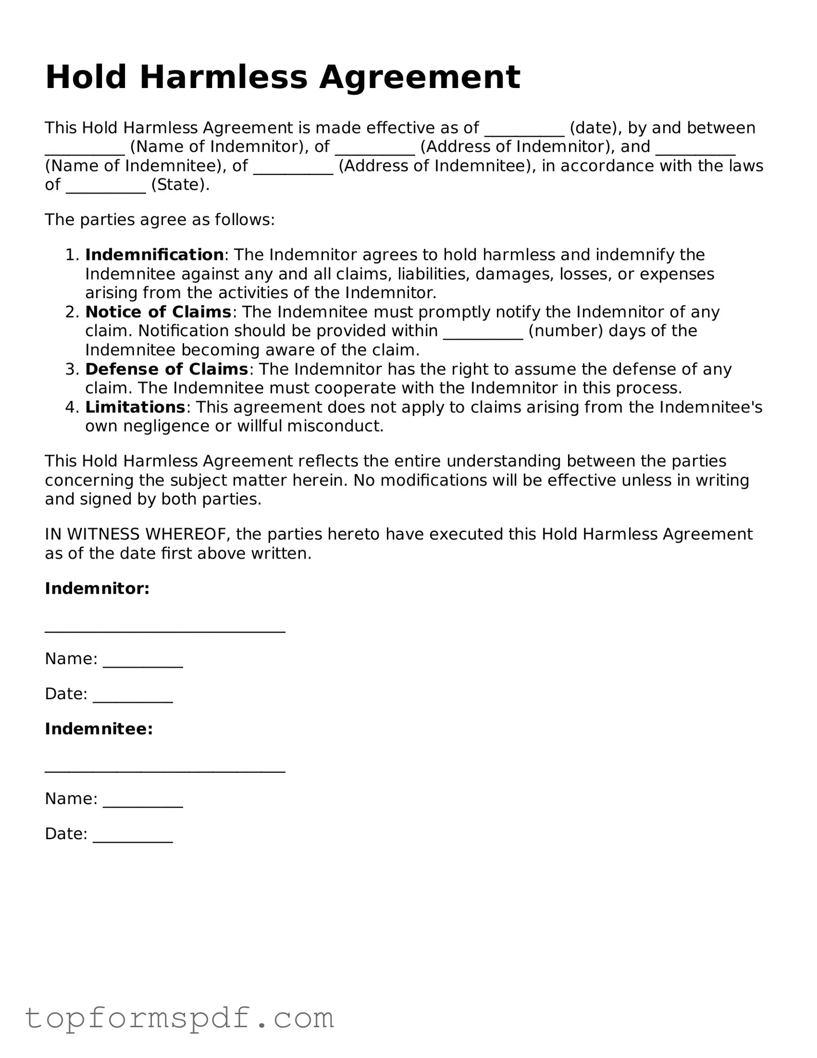 Legal Hold Harmless Agreement Form