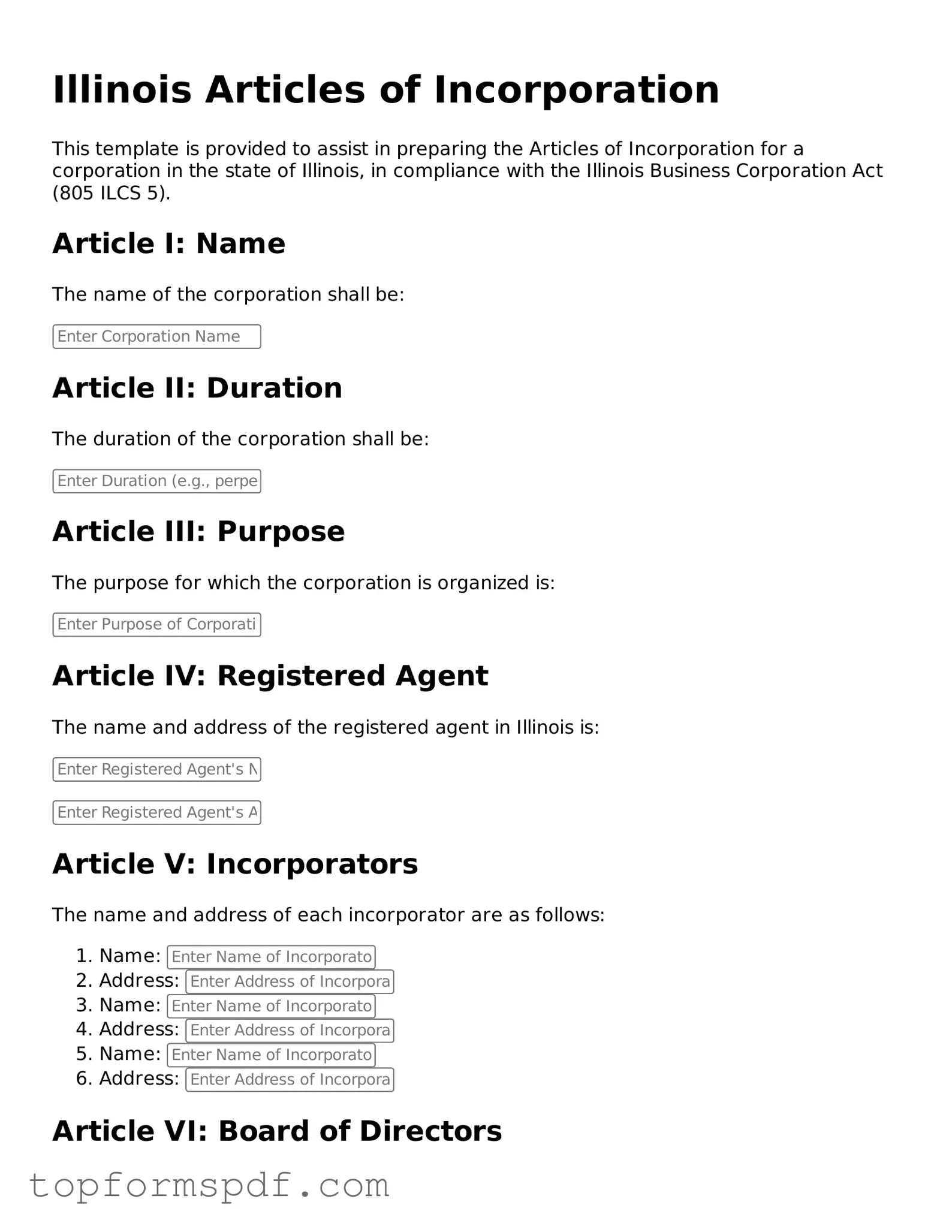 Blank Illinois Articles of Incorporation Template