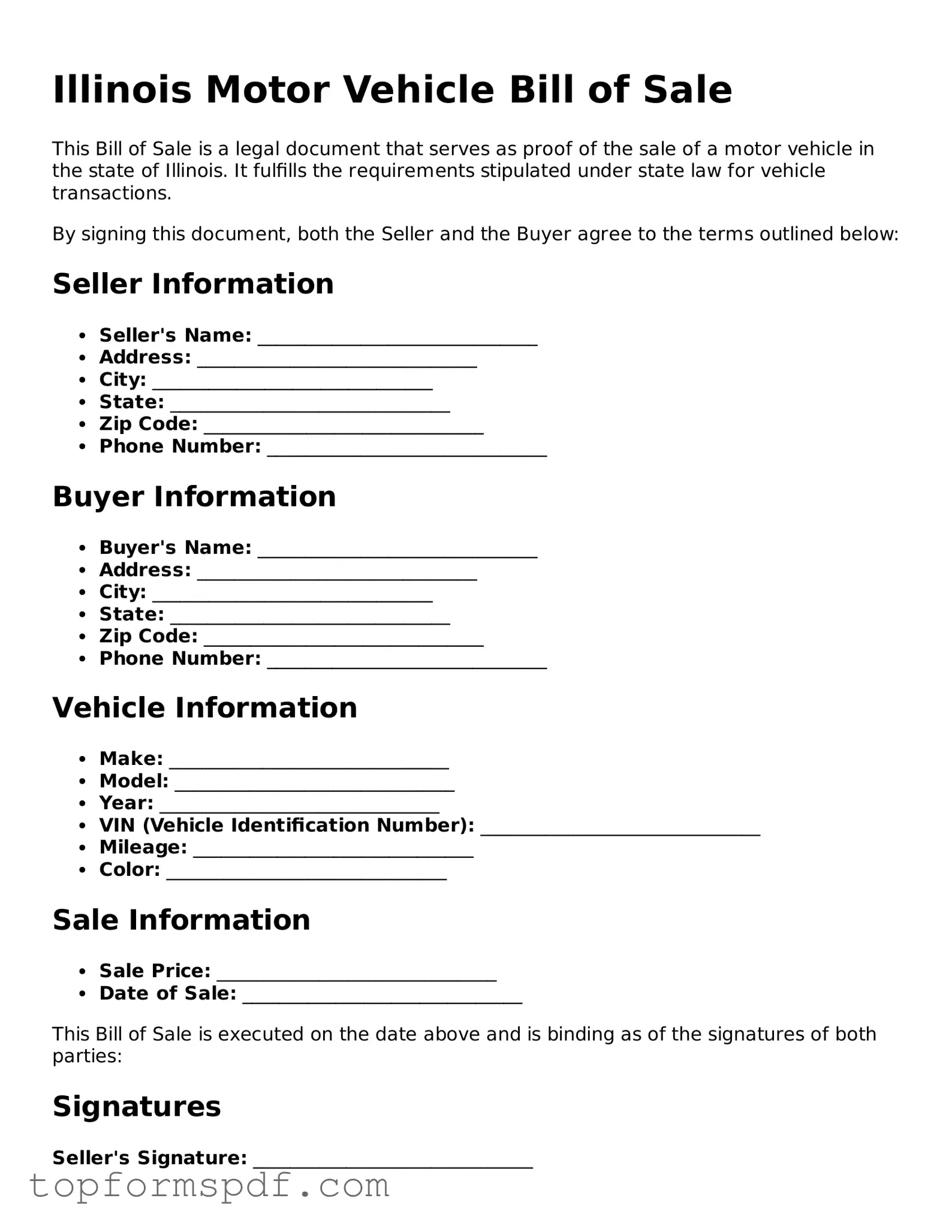 Blank Illinois Motor Vehicle Bill of Sale Template