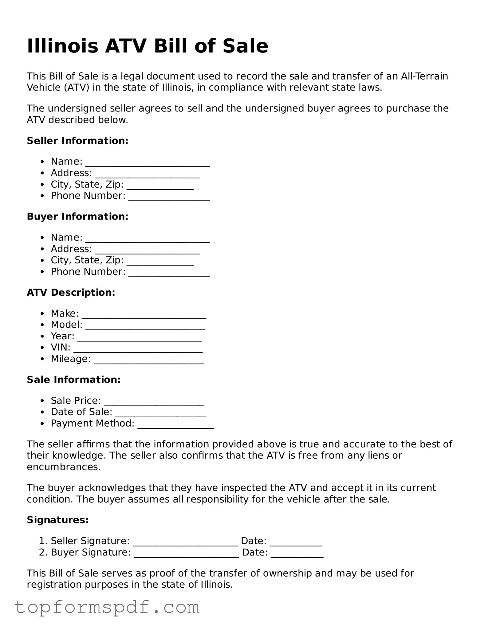 Blank Illinois ATV Bill of Sale Template