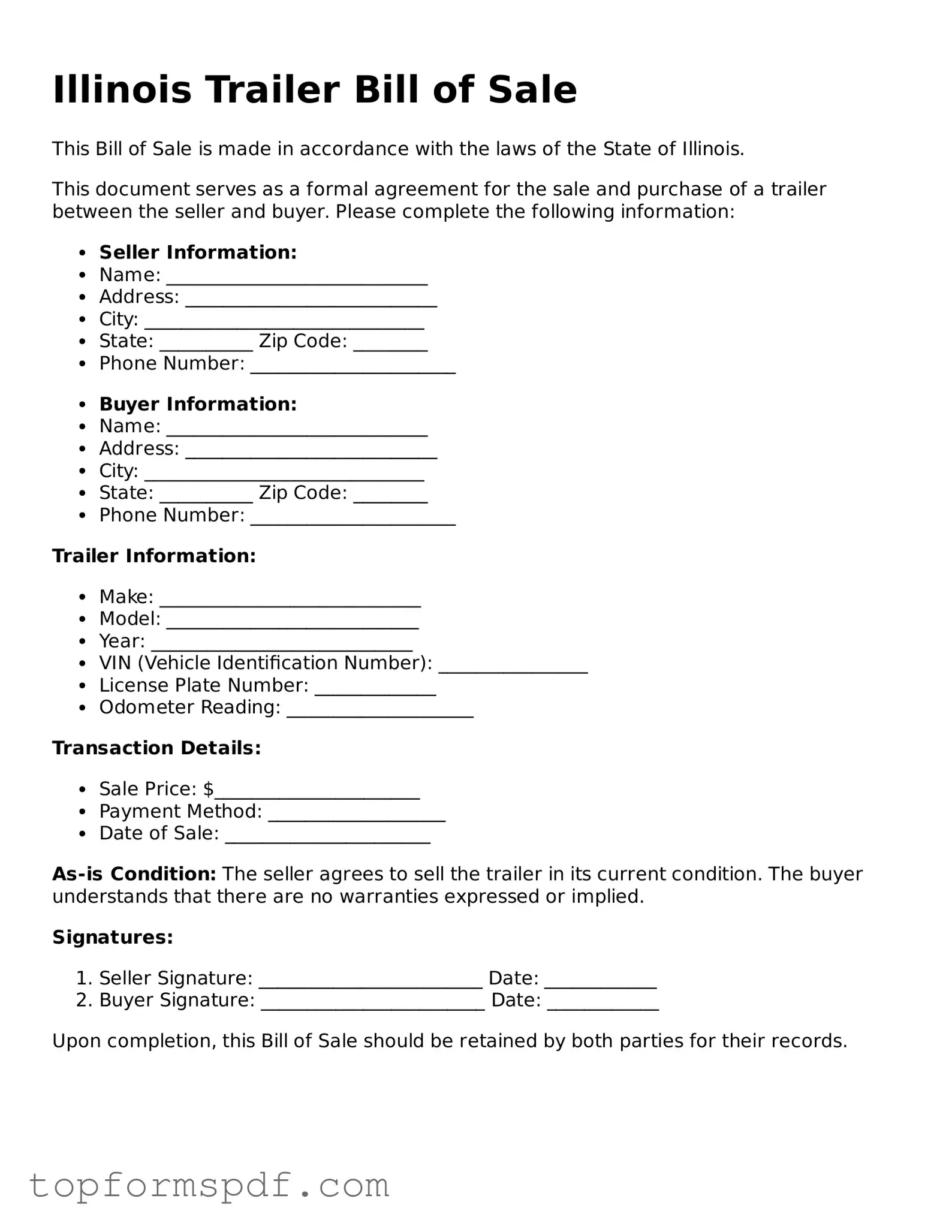 Blank Illinois Trailer Bill of Sale Template