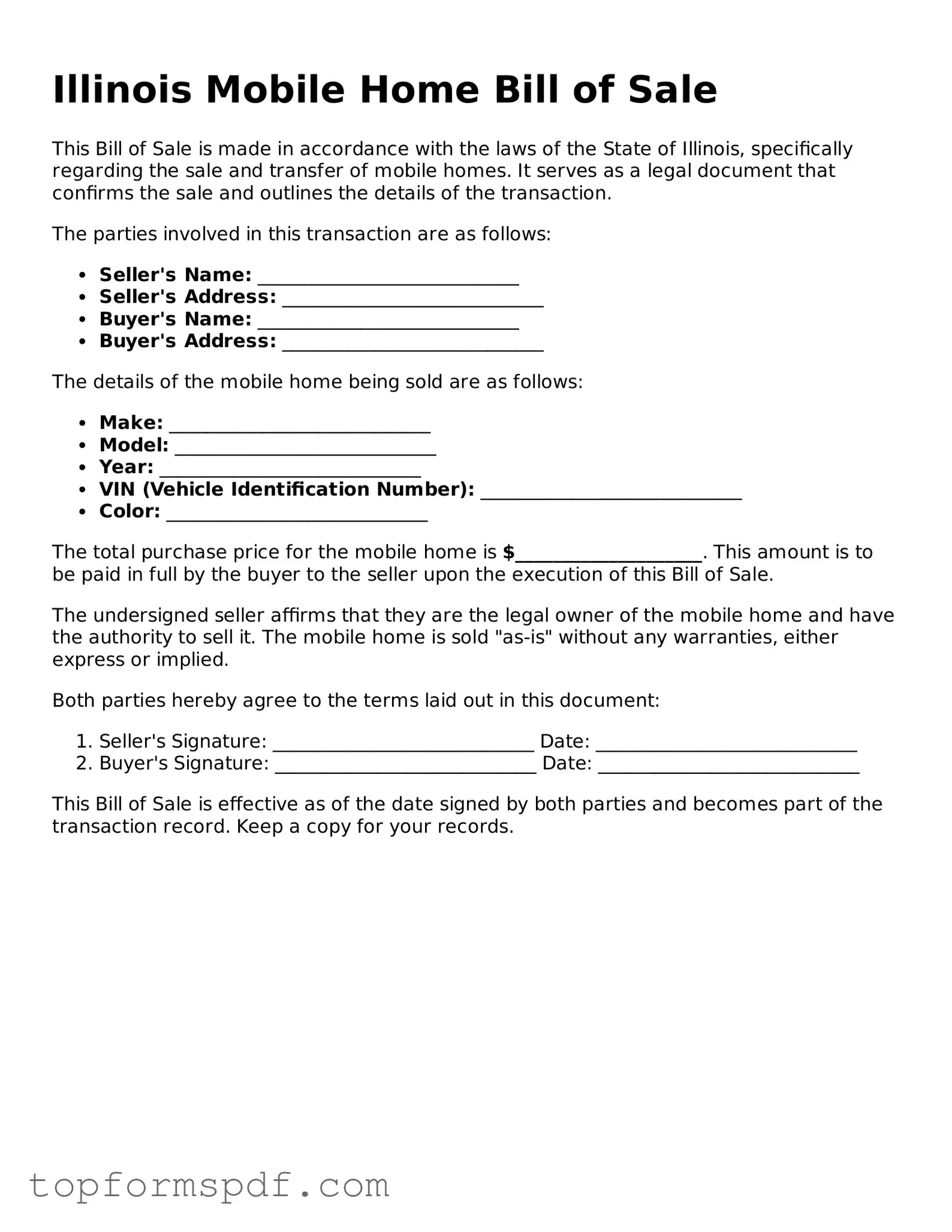Blank Illinois Mobile Home Bill of Sale Template