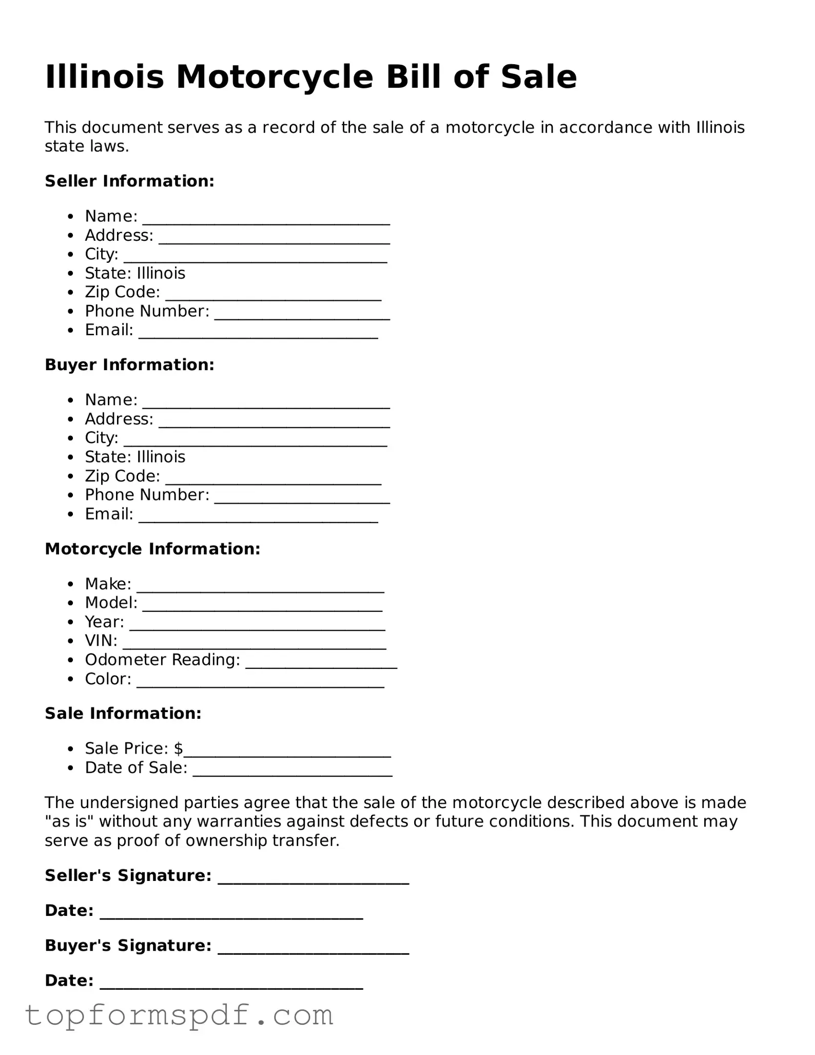 Blank Illinois Motorcycle Bill of Sale Template