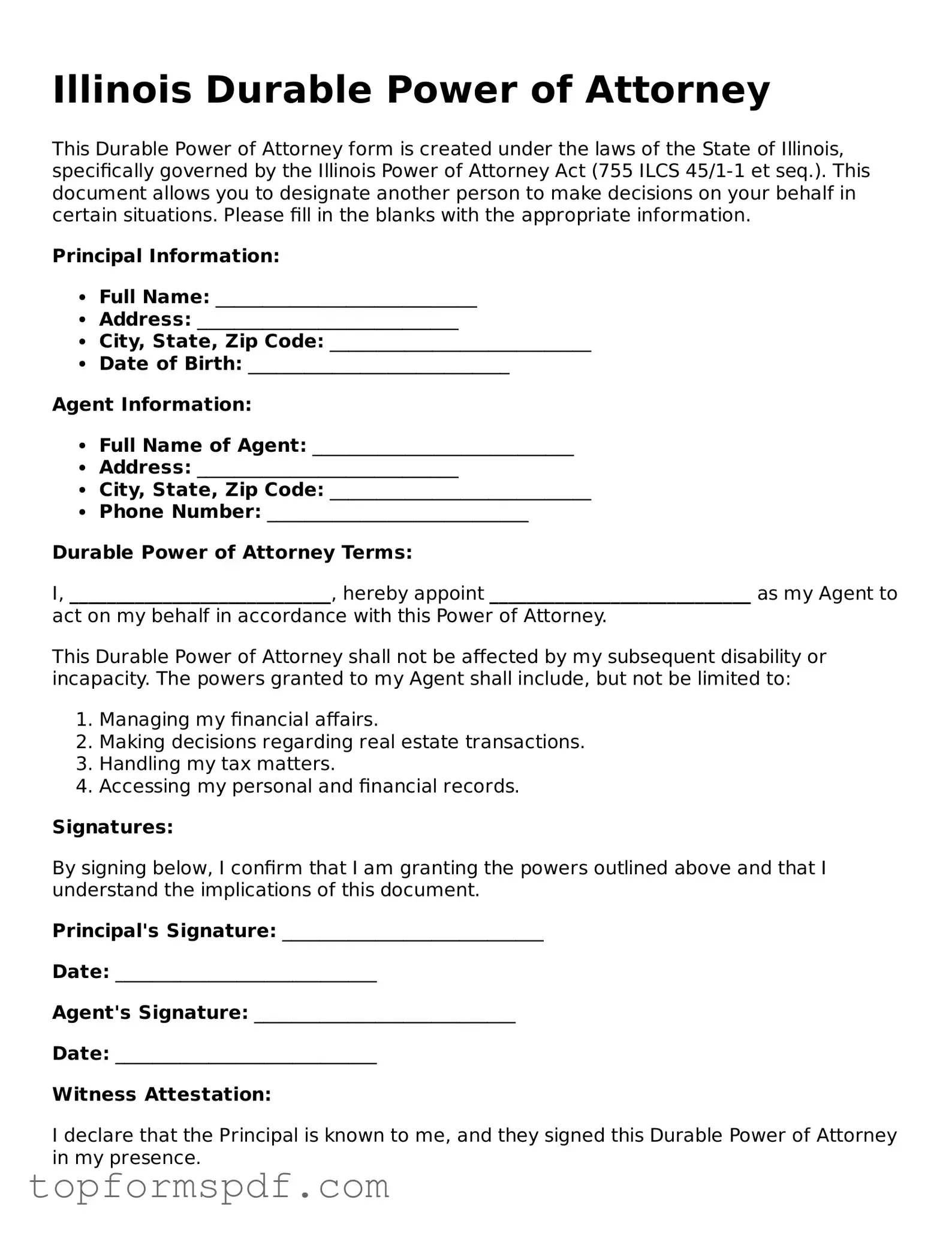 Blank Illinois Durable Power of Attorney Template