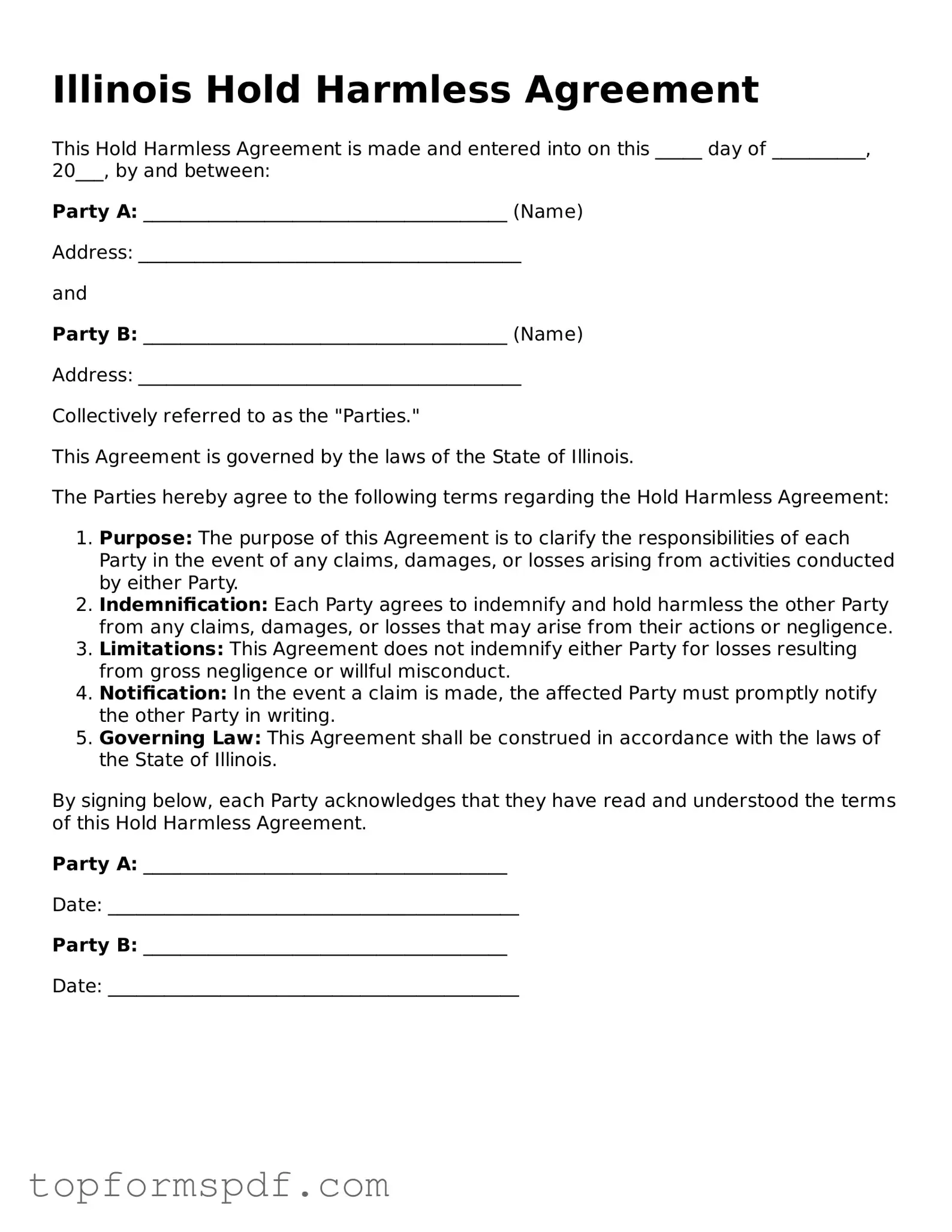 Blank Illinois Hold Harmless Agreement Template