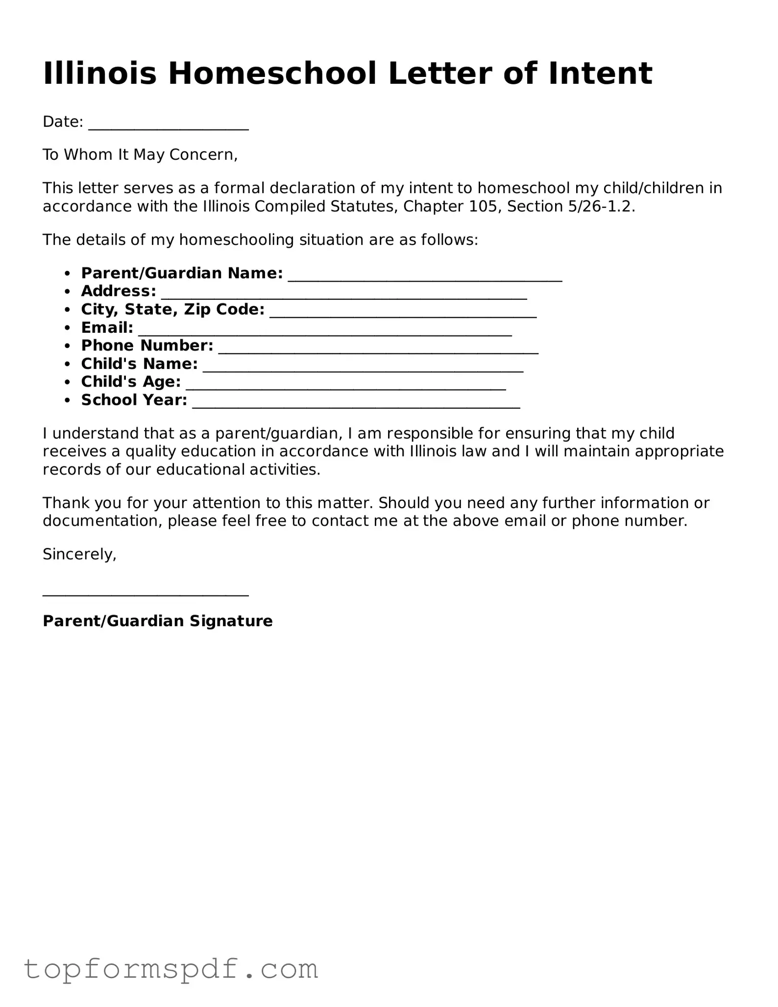 Blank Illinois Homeschool Letter of Intent Template