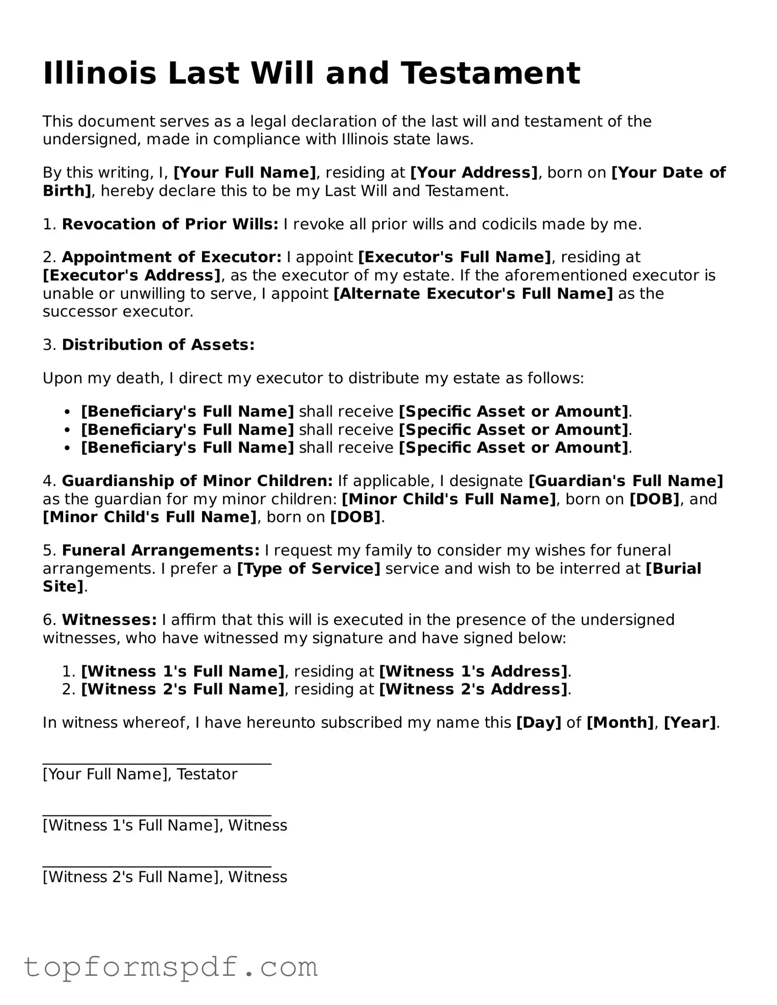 Blank Illinois Last Will and Testament Template