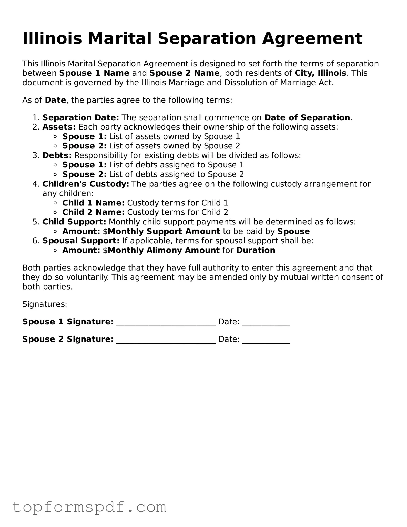 Blank Illinois Marital Separation Agreement Template
