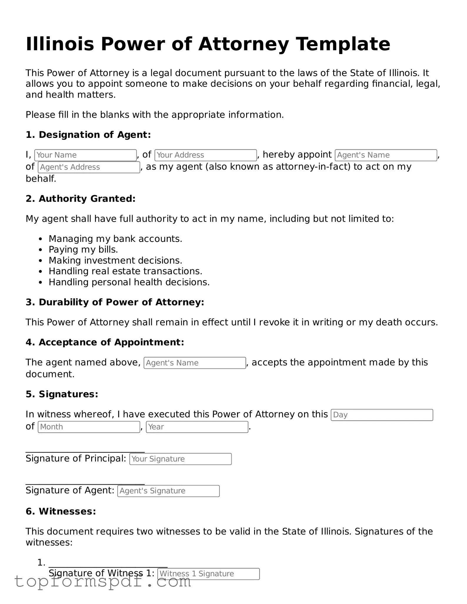 Blank Illinois Power of Attorney Template