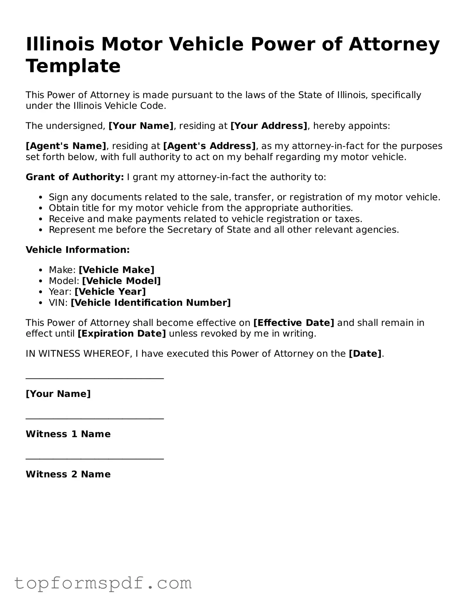 Blank Illinois Motor Vehicle Power of Attorney Template