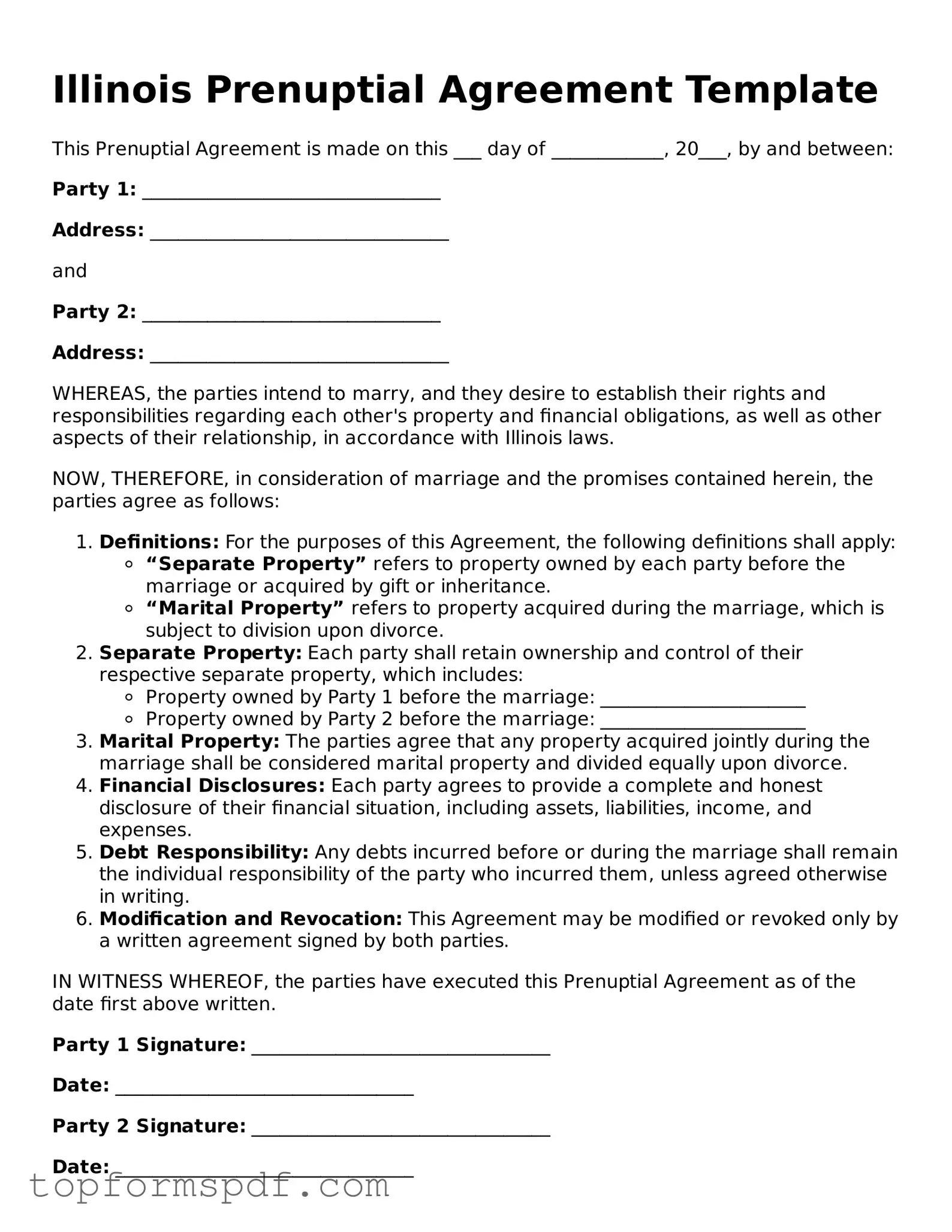 Blank Illinois Prenuptial Agreement Template