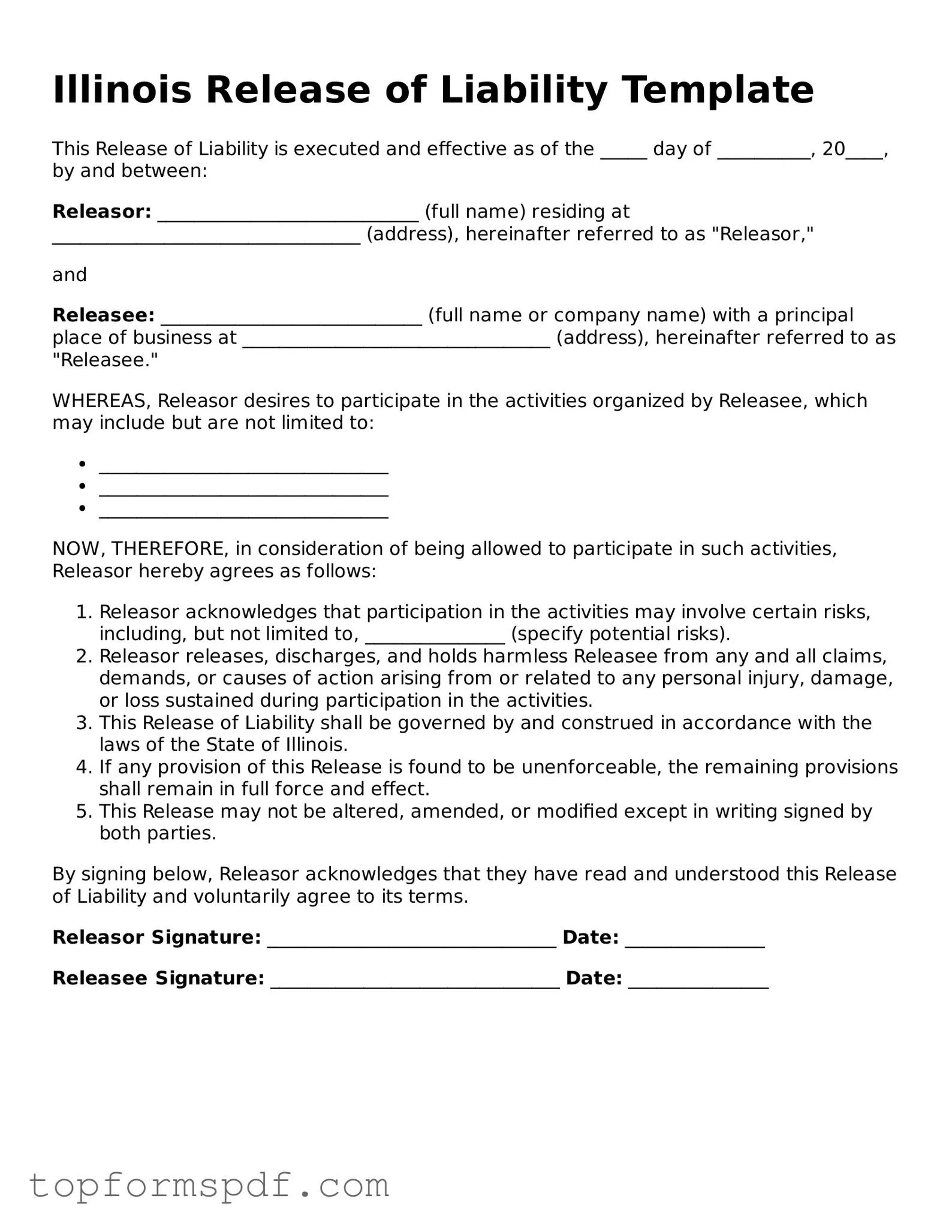 Blank Illinois Release of Liability Template
