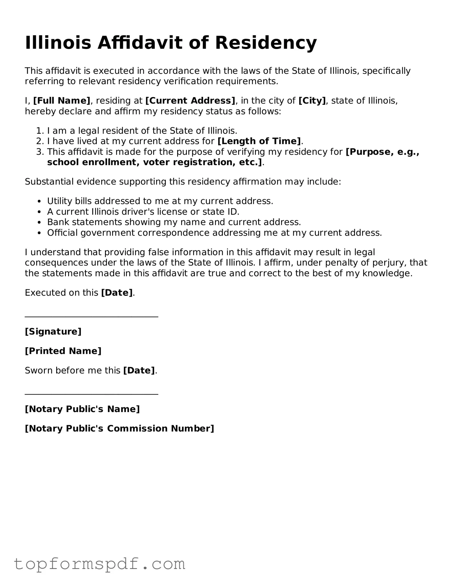 Blank Illinois Affidavit of Residency Template
