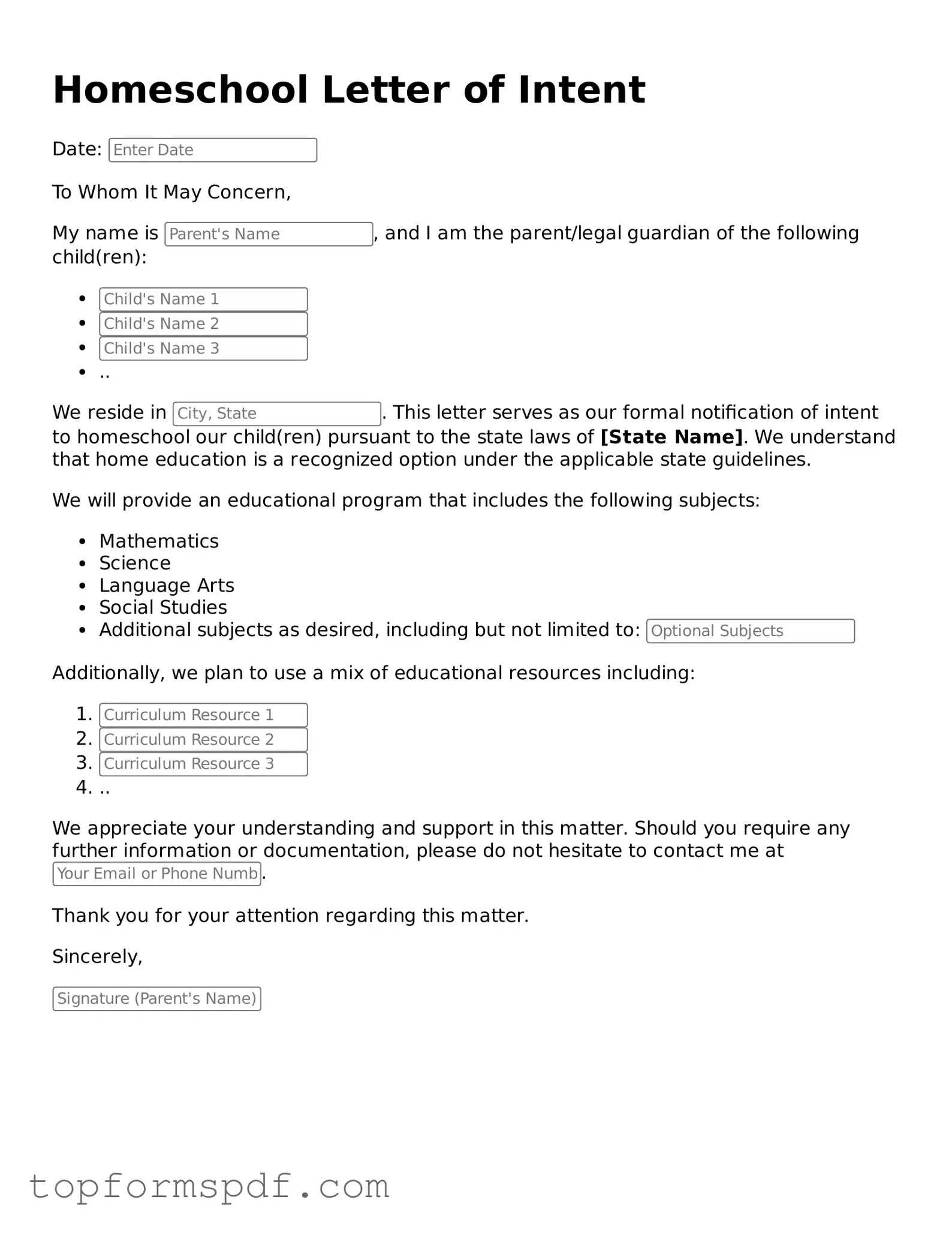 Legal Homeschool Letter of Intent Form