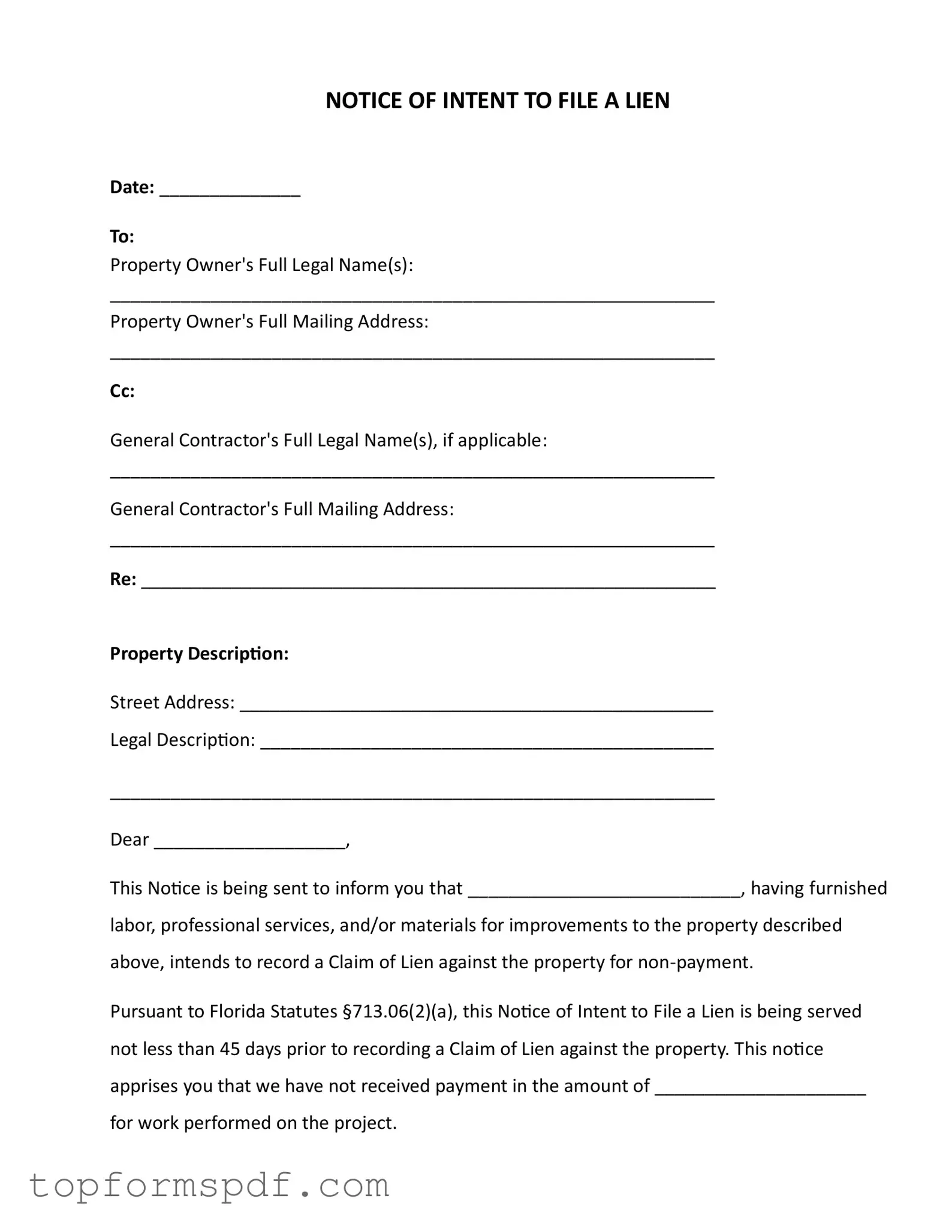 Intent To Lien Florida Template