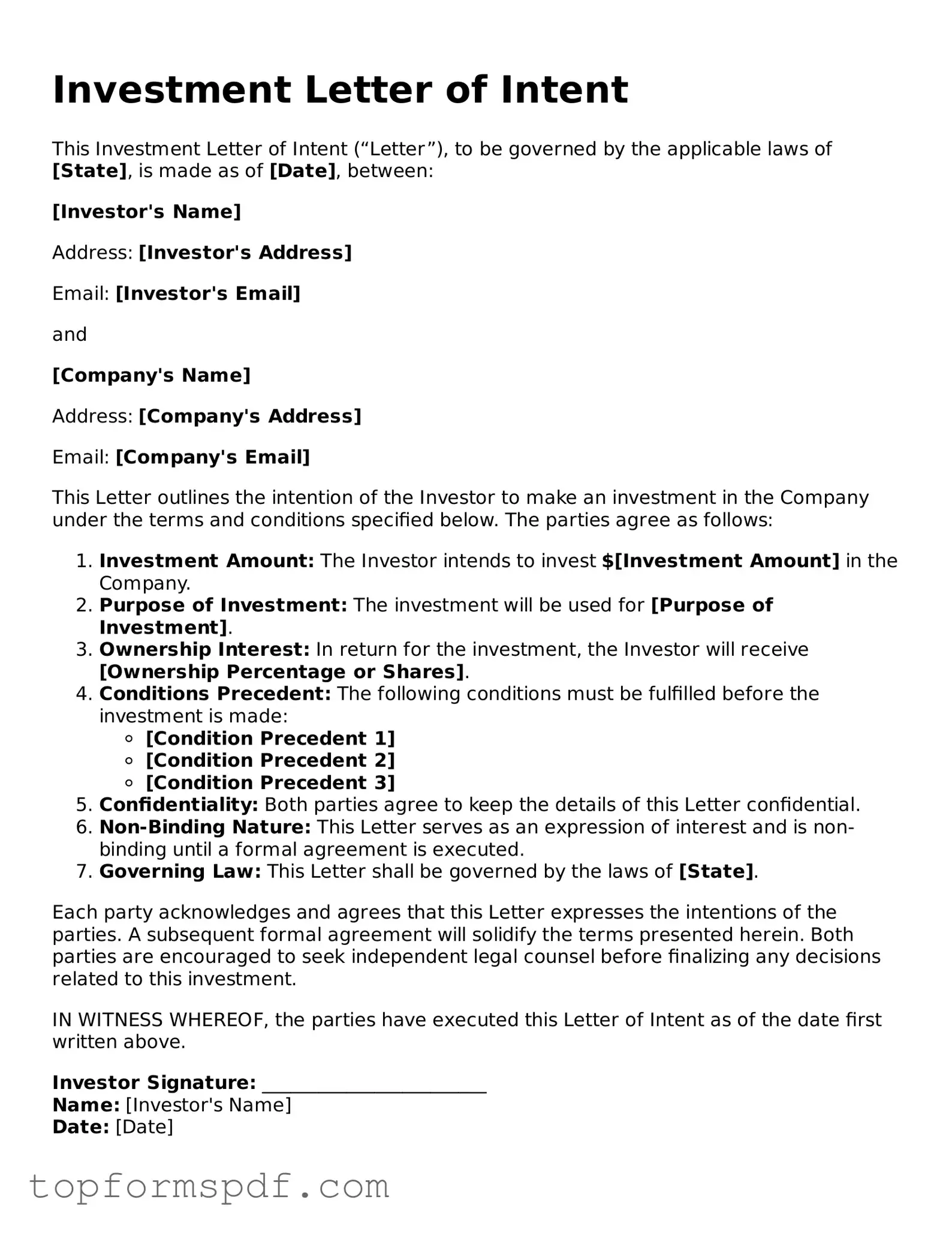 Legal Investment Letter of Intent Form
